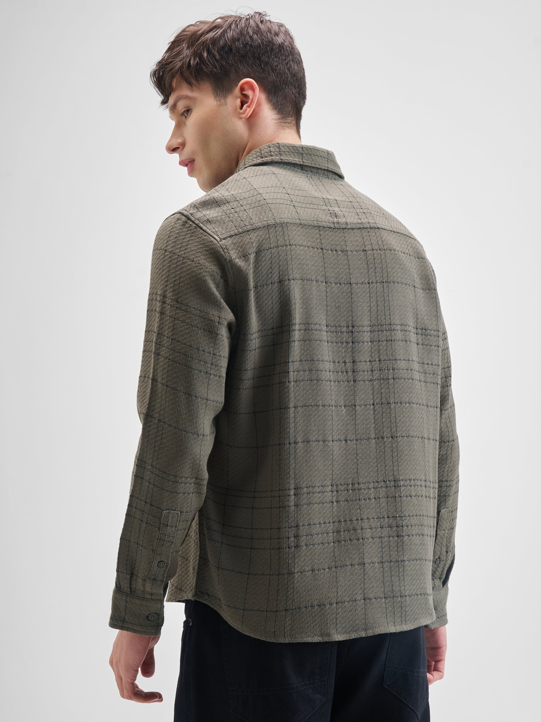 Highlander Men Olive Checked Oversized Fit Casual Shirt - Olive - Image 3