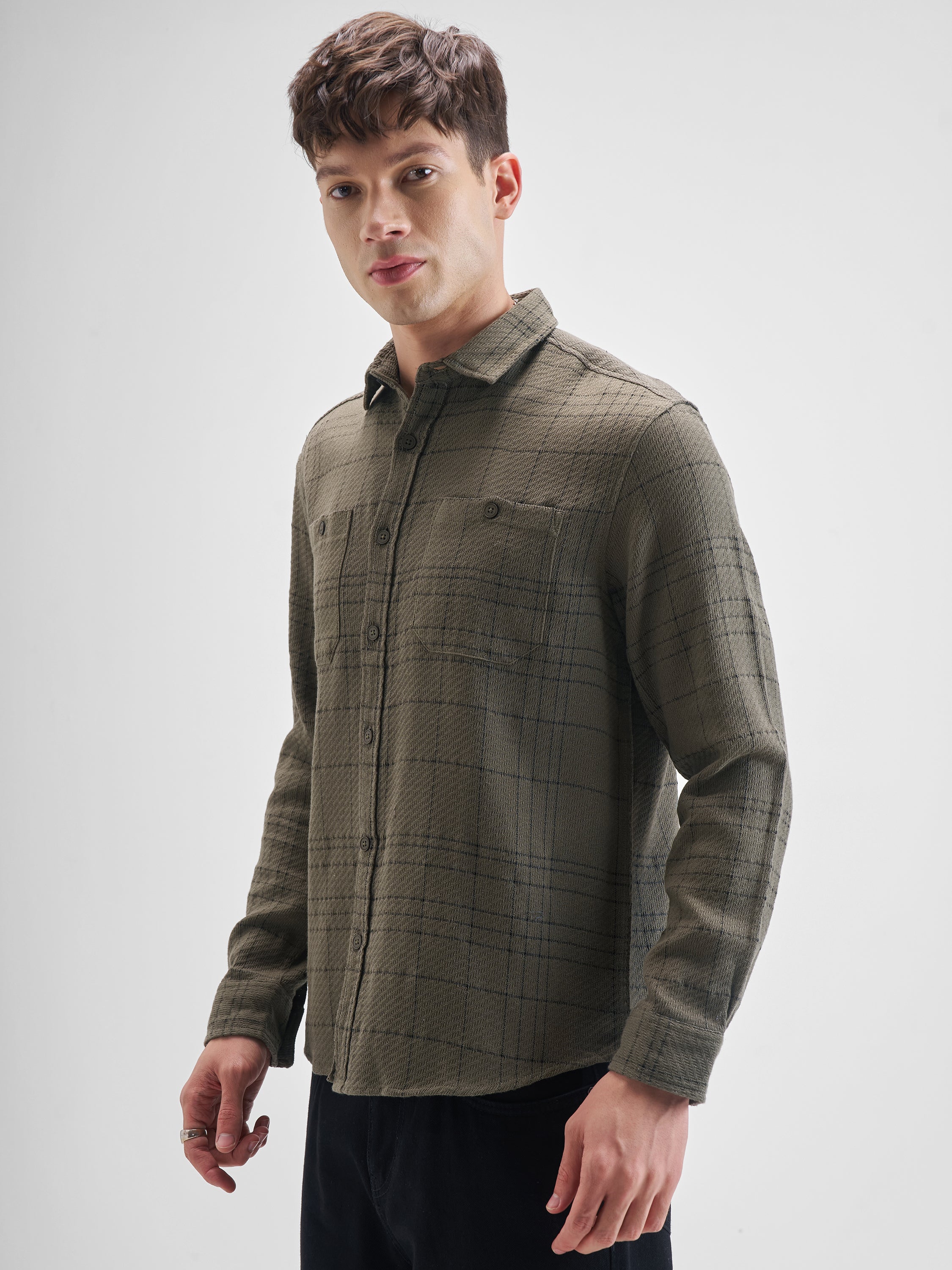 Highlander Men Olive Checked Oversized Fit Casual Shirt - Olive - Image 4