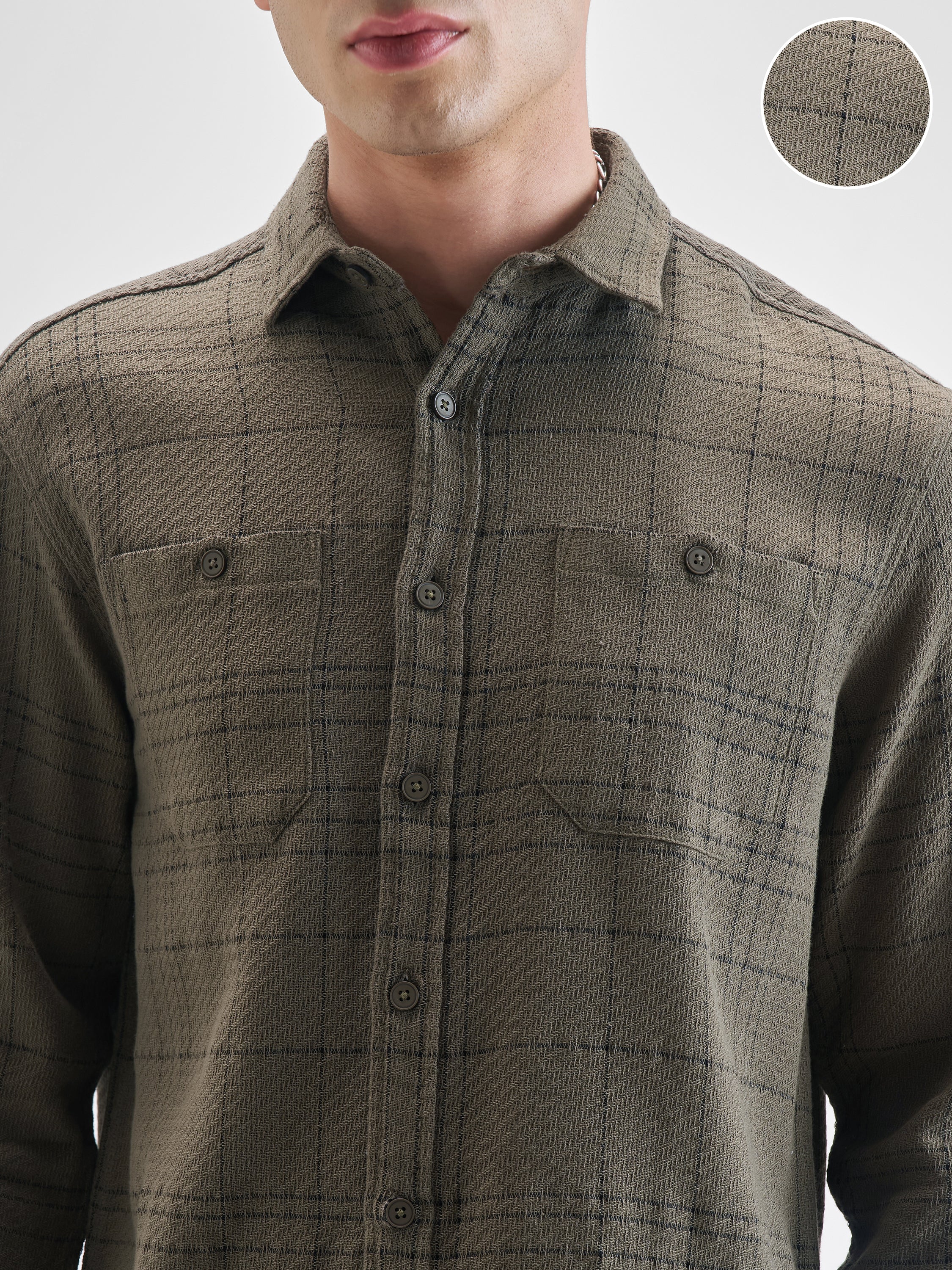 Highlander Men Olive Checked Oversized Fit Casual Shirt - Olive - Image 5