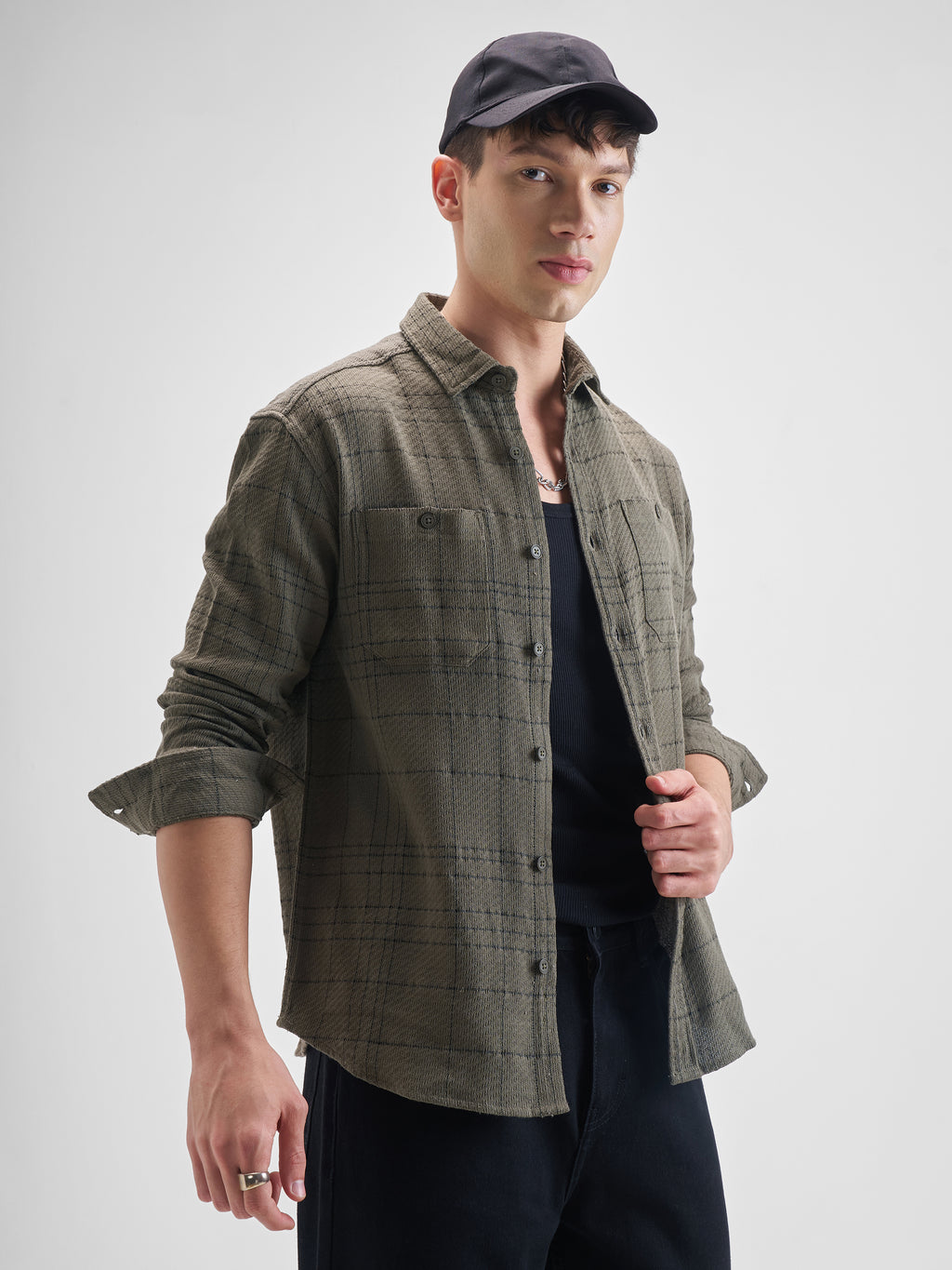 Highlander Men Olive Checked Oversized Fit Casual Shirt - Olive - Image 6