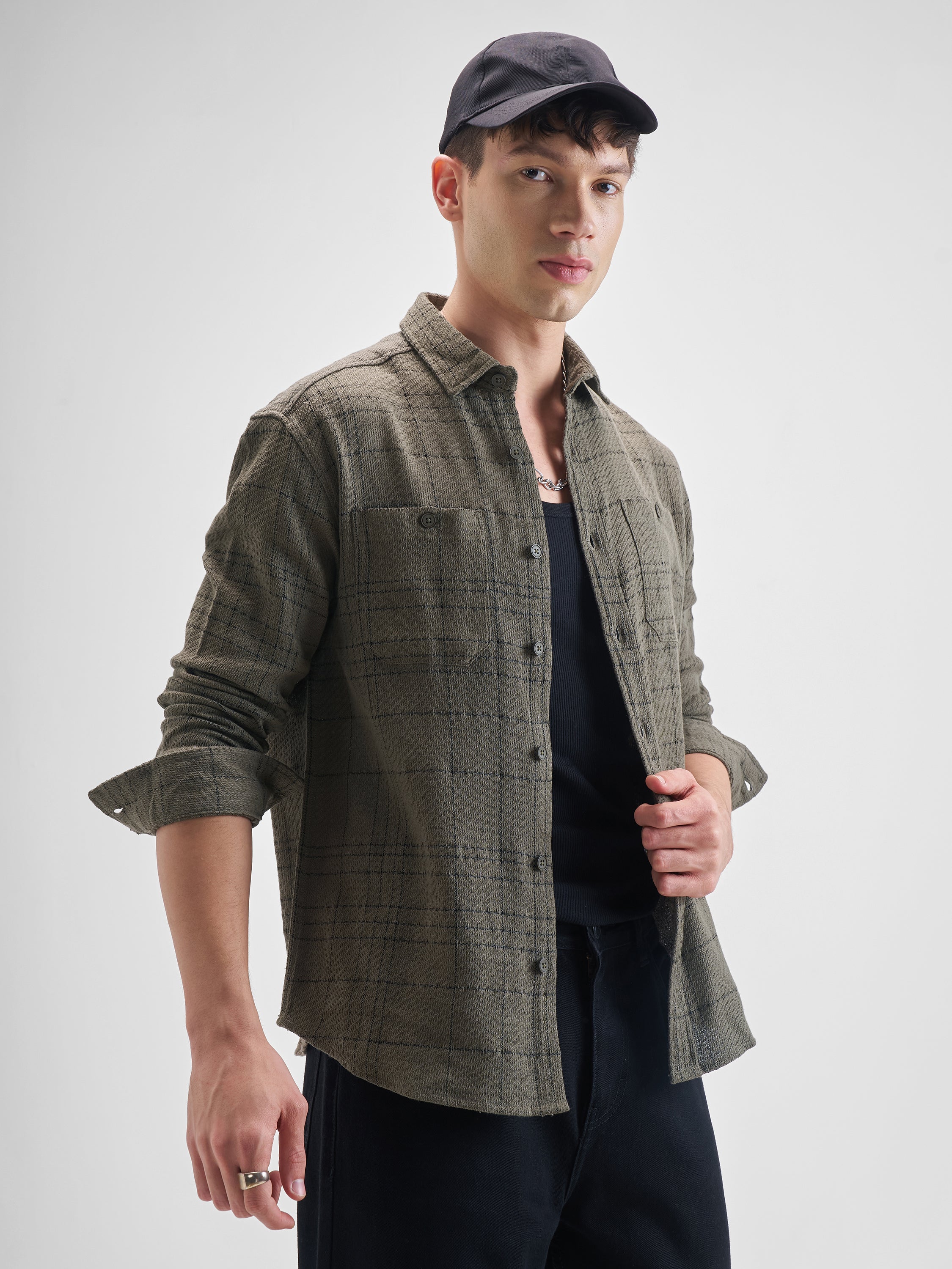 Highlander Men Olive Checked Oversized Fit Casual Shirt - Olive - Image 6