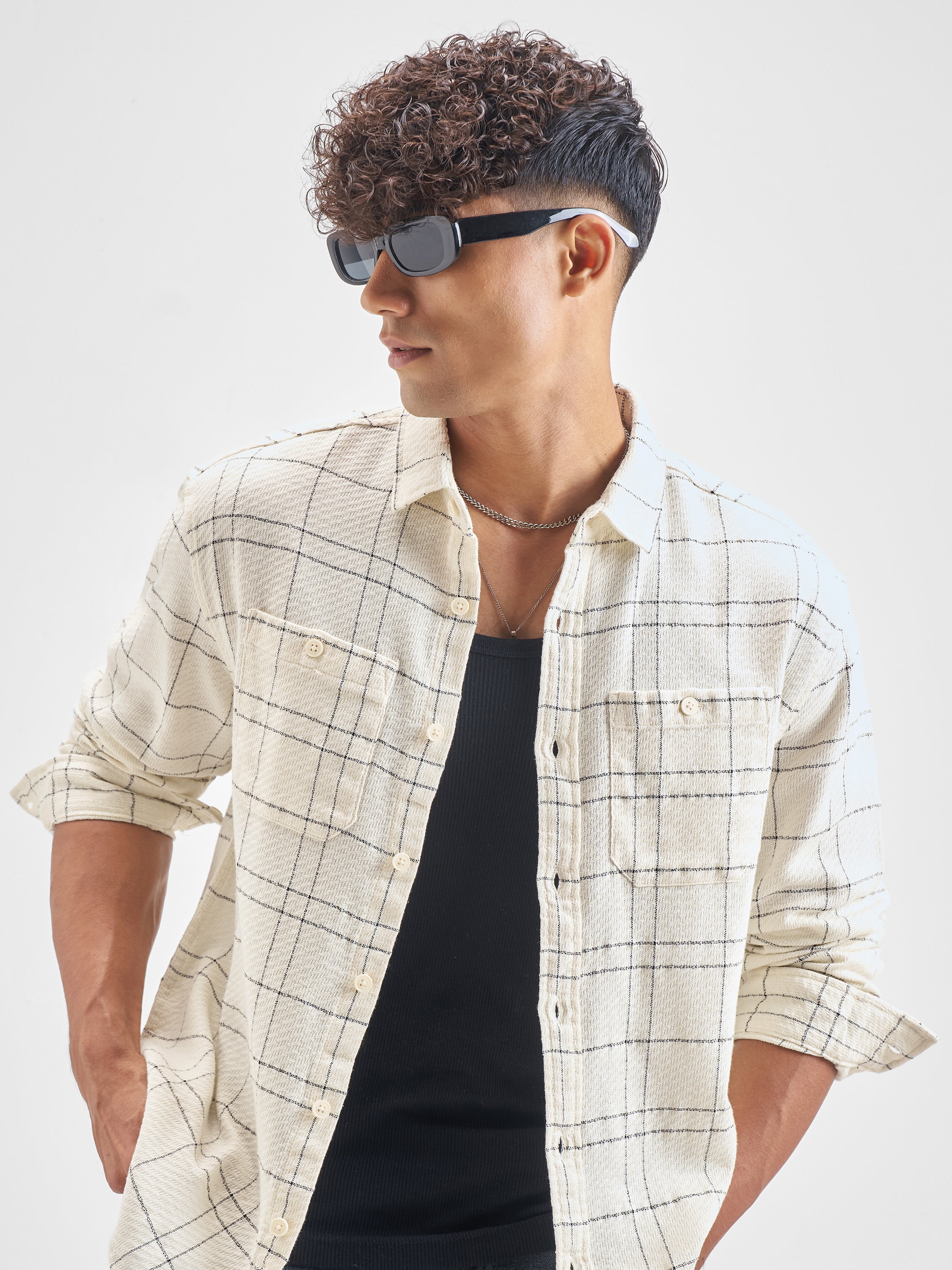 Highlander Men Cream Checked Relaxed Fit Casual Shirt - Cream - Image 1