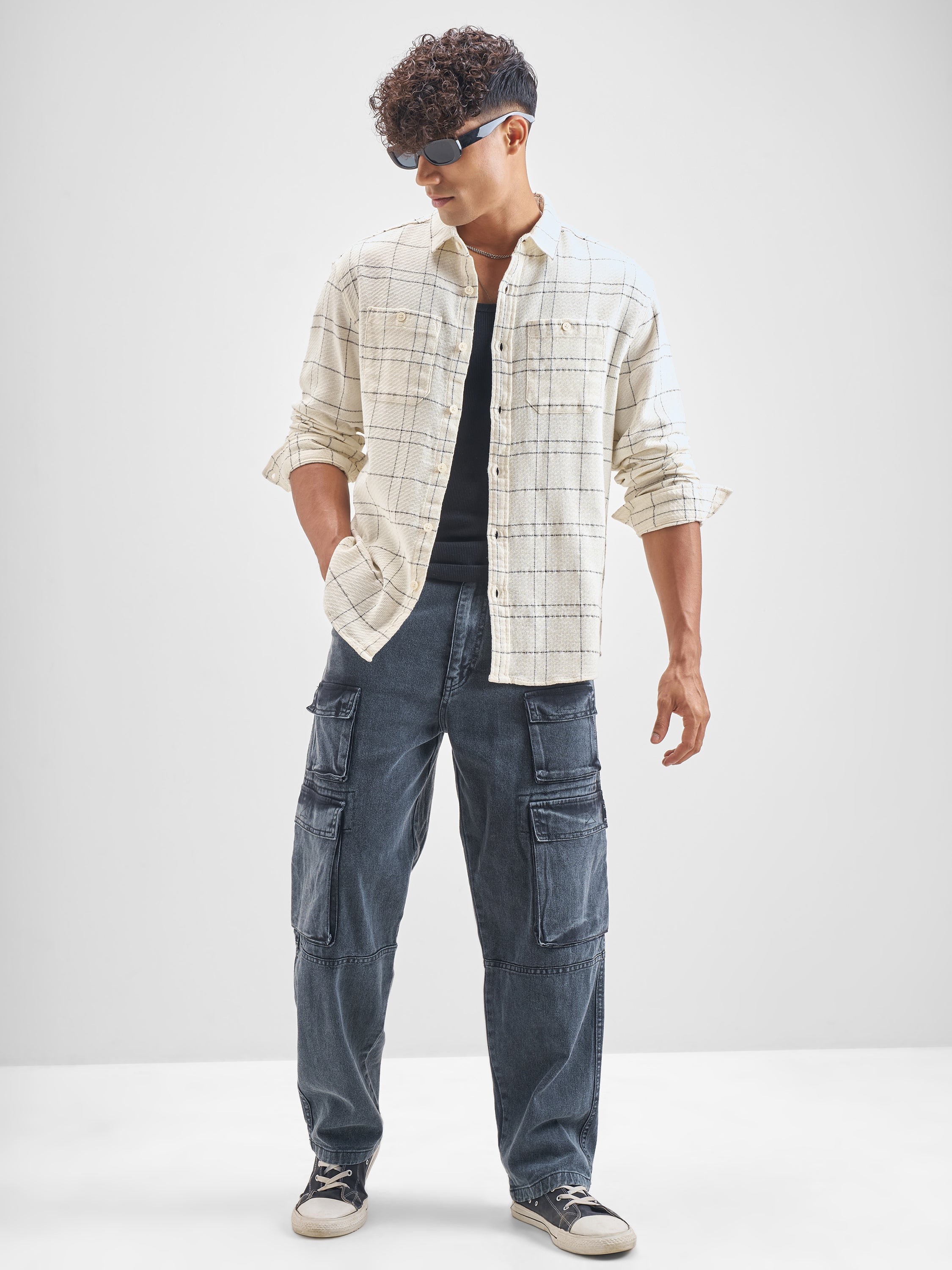 Highlander Men Cream Checked Relaxed Fit Casual Shirt - Cream - Image 2