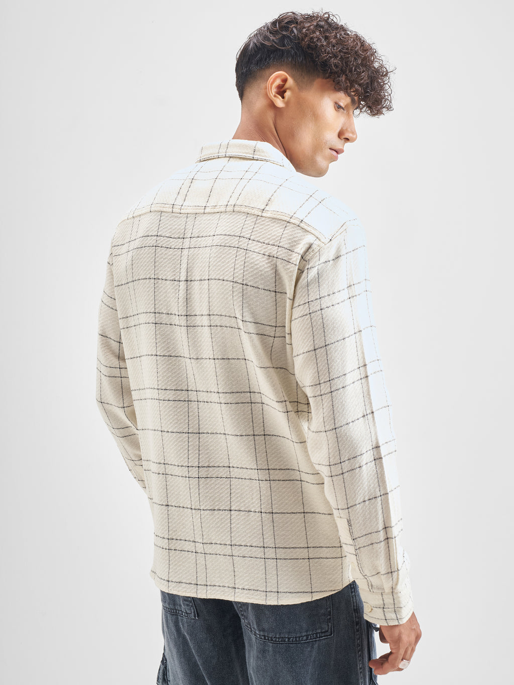 Highlander Men Cream Checked Relaxed Fit Casual Shirt - Cream - Image 3