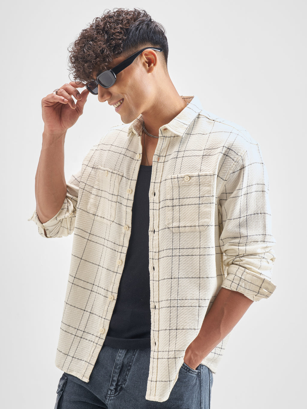 Highlander Men Cream Checked Relaxed Fit Casual Shirt - Cream - Image 4