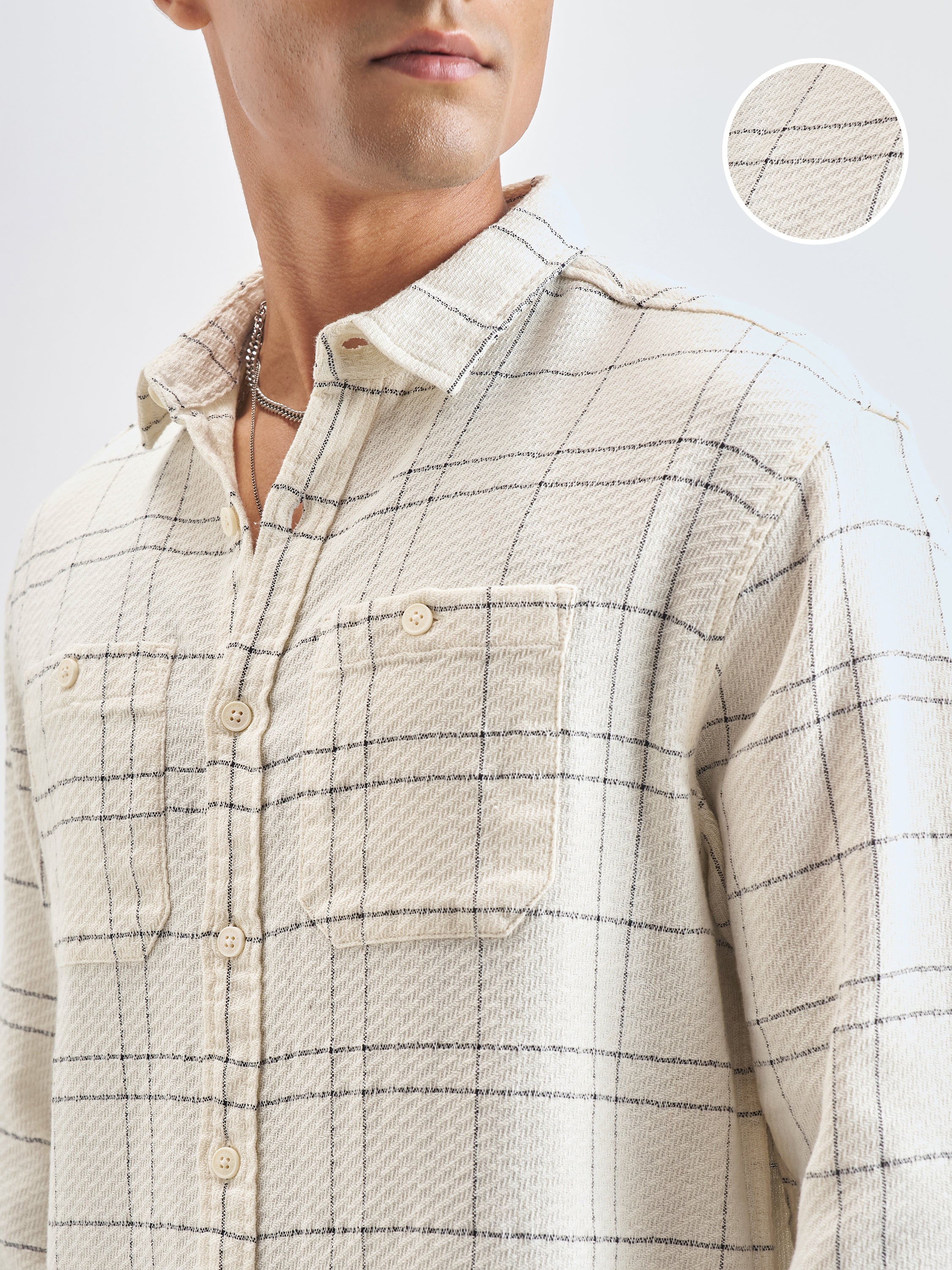 Highlander Men Cream Checked Relaxed Fit Casual Shirt - Cream - Image 5