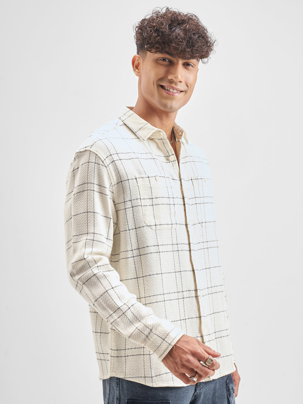 Highlander Men Cream Checked Relaxed Fit Casual Shirt - Cream - Image 6