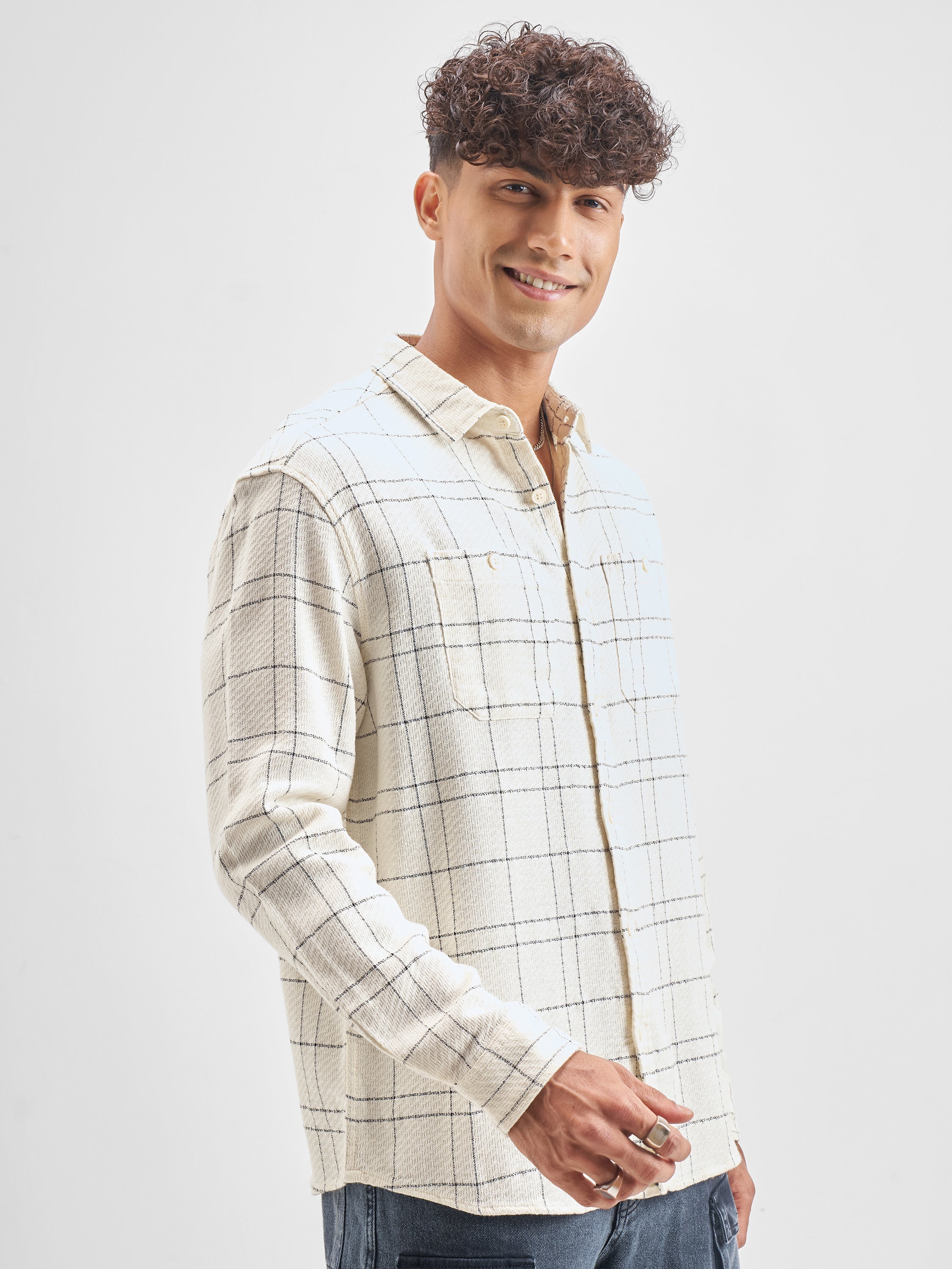 Highlander Men Cream Checked Relaxed Fit Casual Shirt - Cream - Image 6
