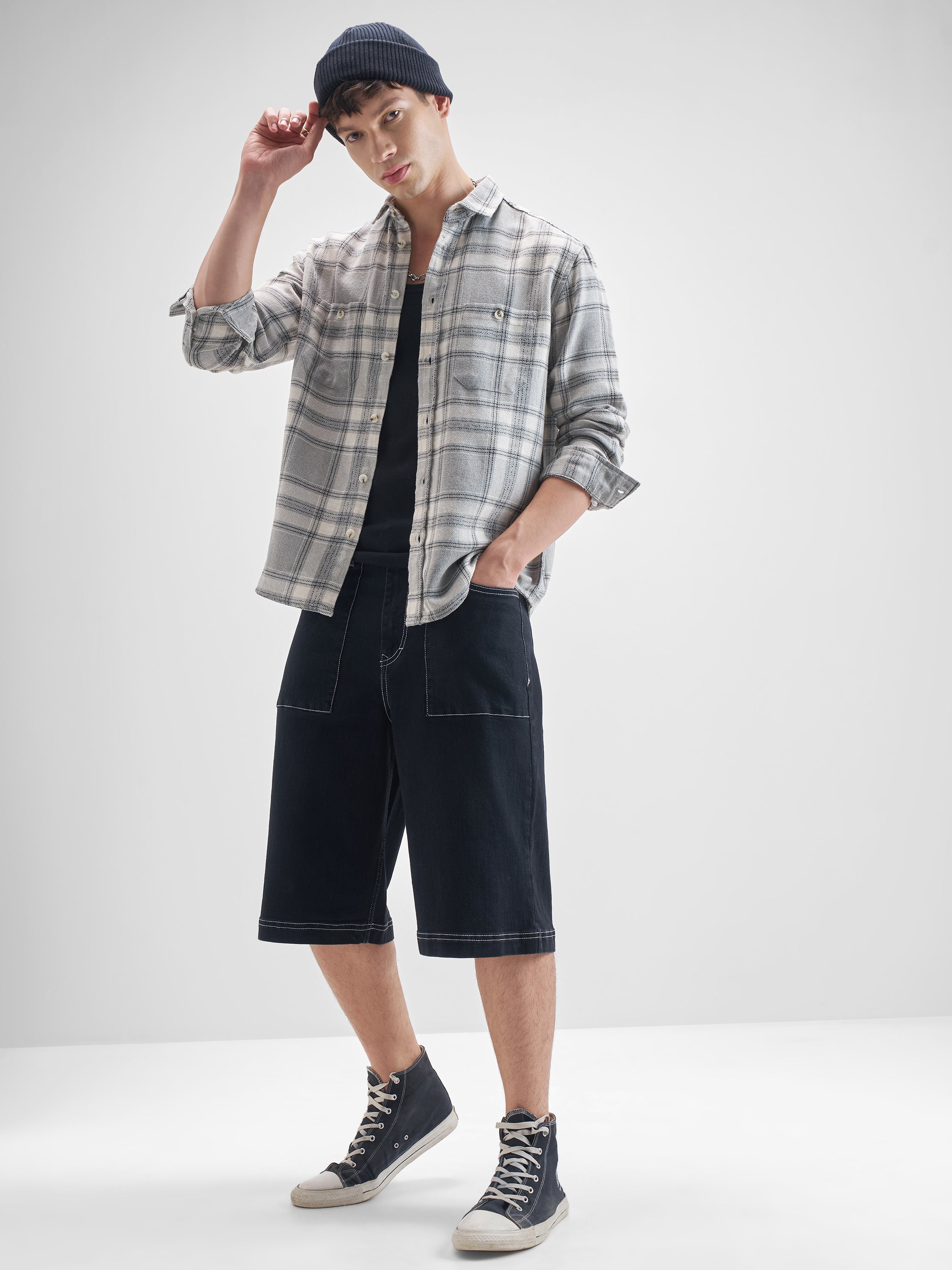 Highlander Men Grey Checked Oversized Fit Casual Shirt - Grey - Image 2