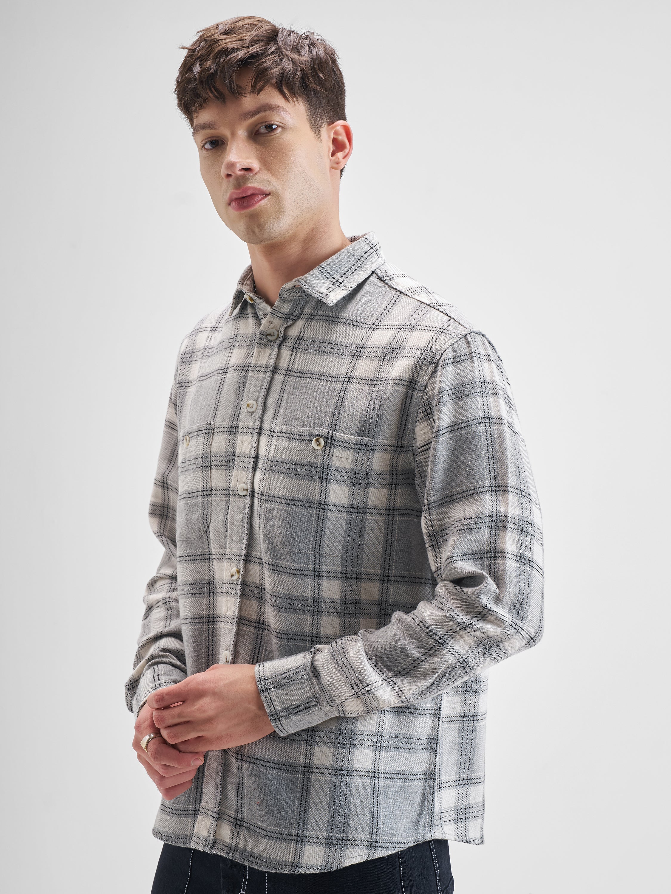 Highlander Men Grey Checked Oversized Fit Casual Shirt - Grey - Image 4
