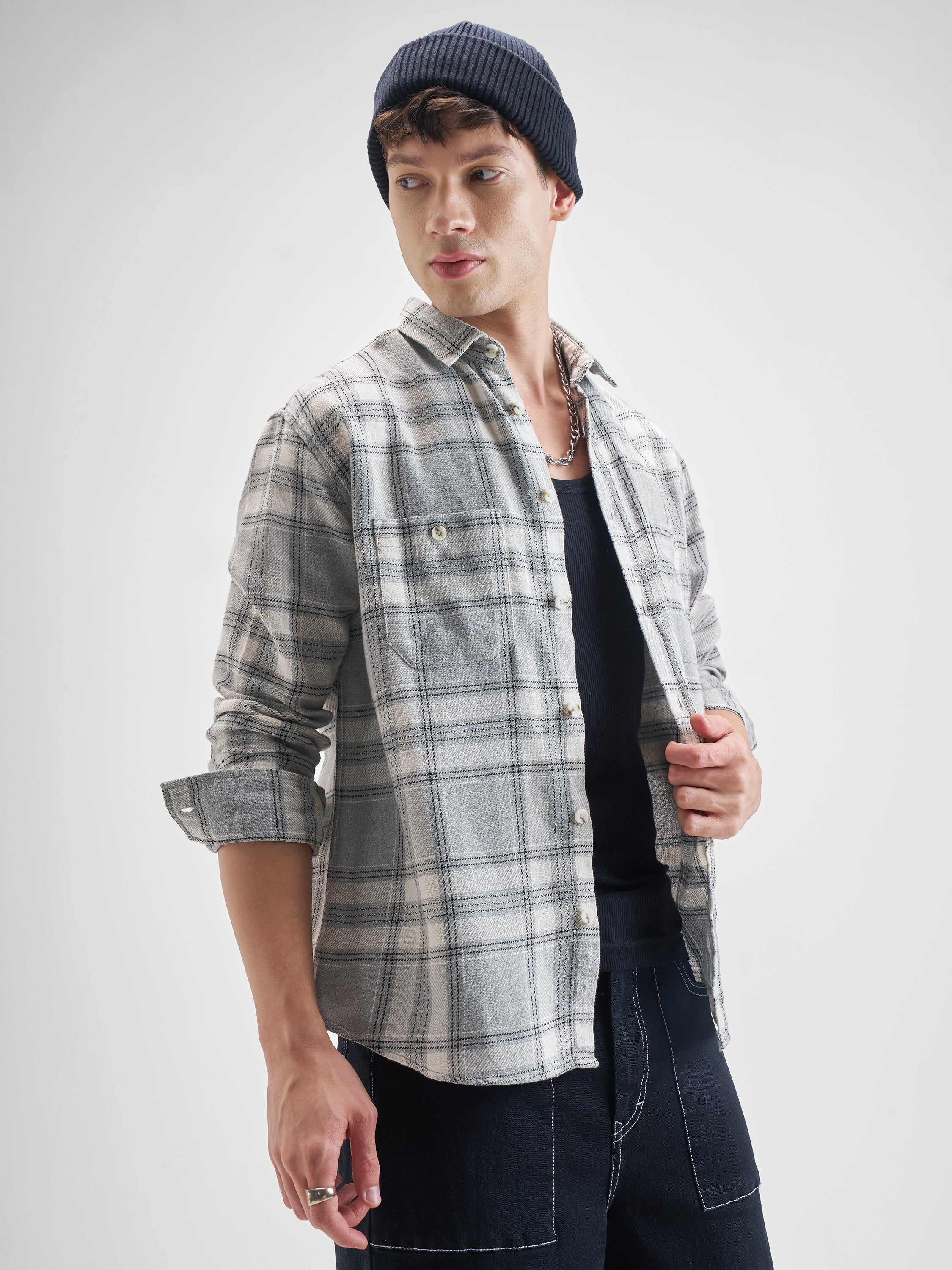 Highlander Men Grey Checked Oversized Fit Casual Shirt - Grey - Image 6