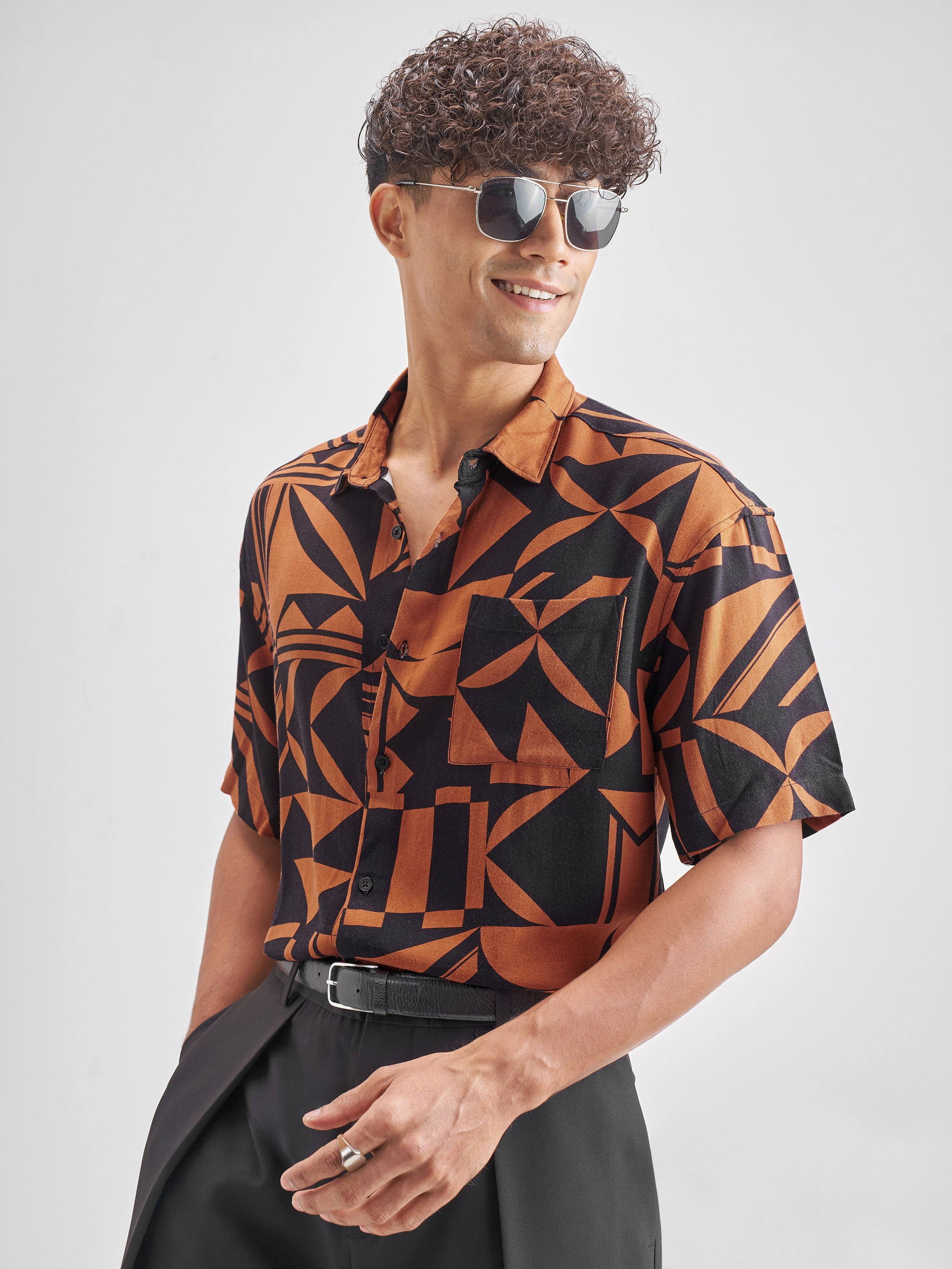 Highlander Men Rust Printed Oversized Fit Casual Shirt - Rust - Image 4
