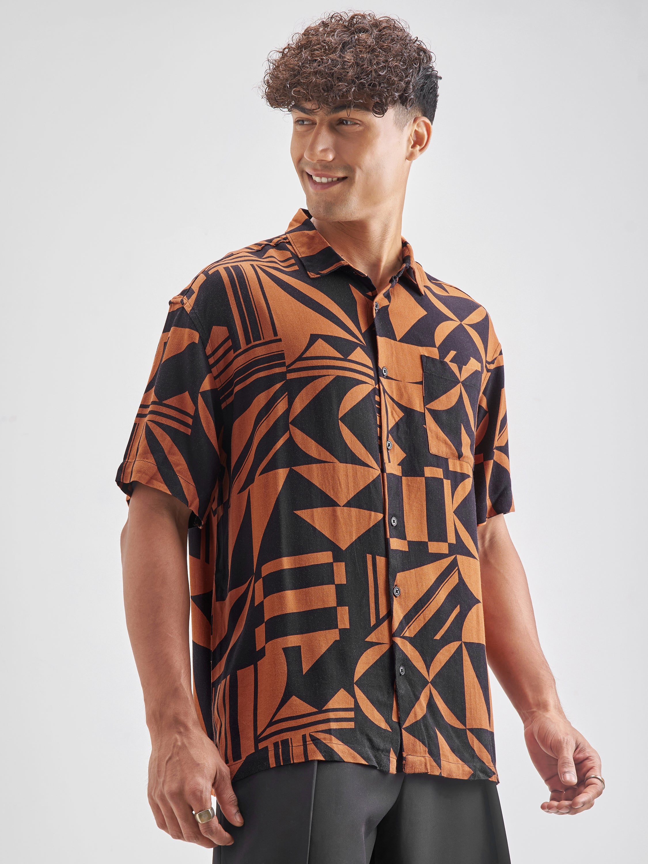 Highlander Men Rust Printed Oversized Fit Casual Shirt - Rust - Image 6