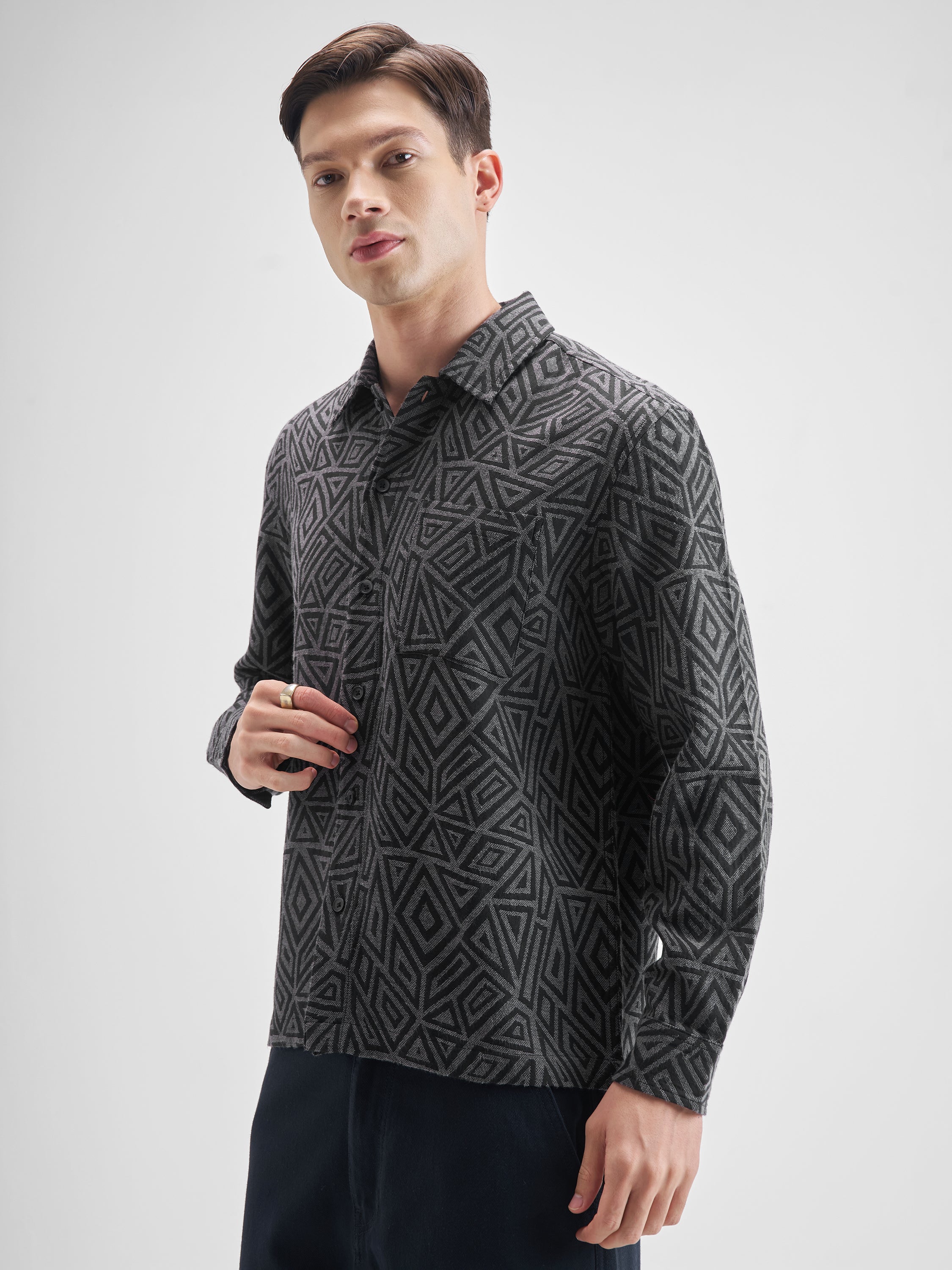 Highlander Men Grey Self Design Relaxed Fit Casual Shirt - Grey - Image 4