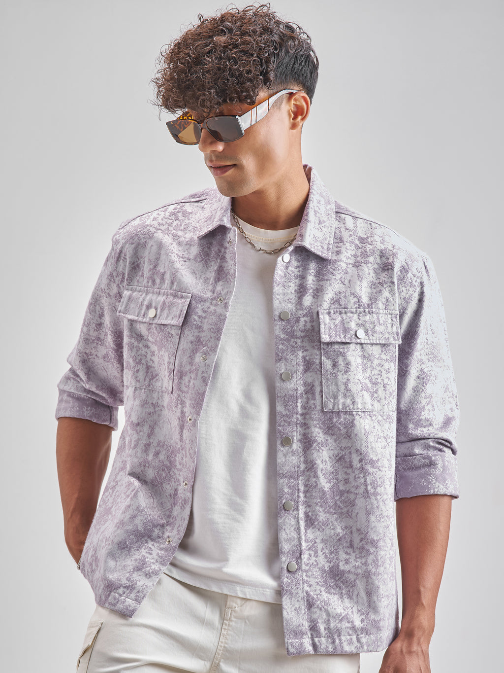 Highlander Men Lavender Self Design Relaxed Fit Casual Shirt - Lavender - Image 1