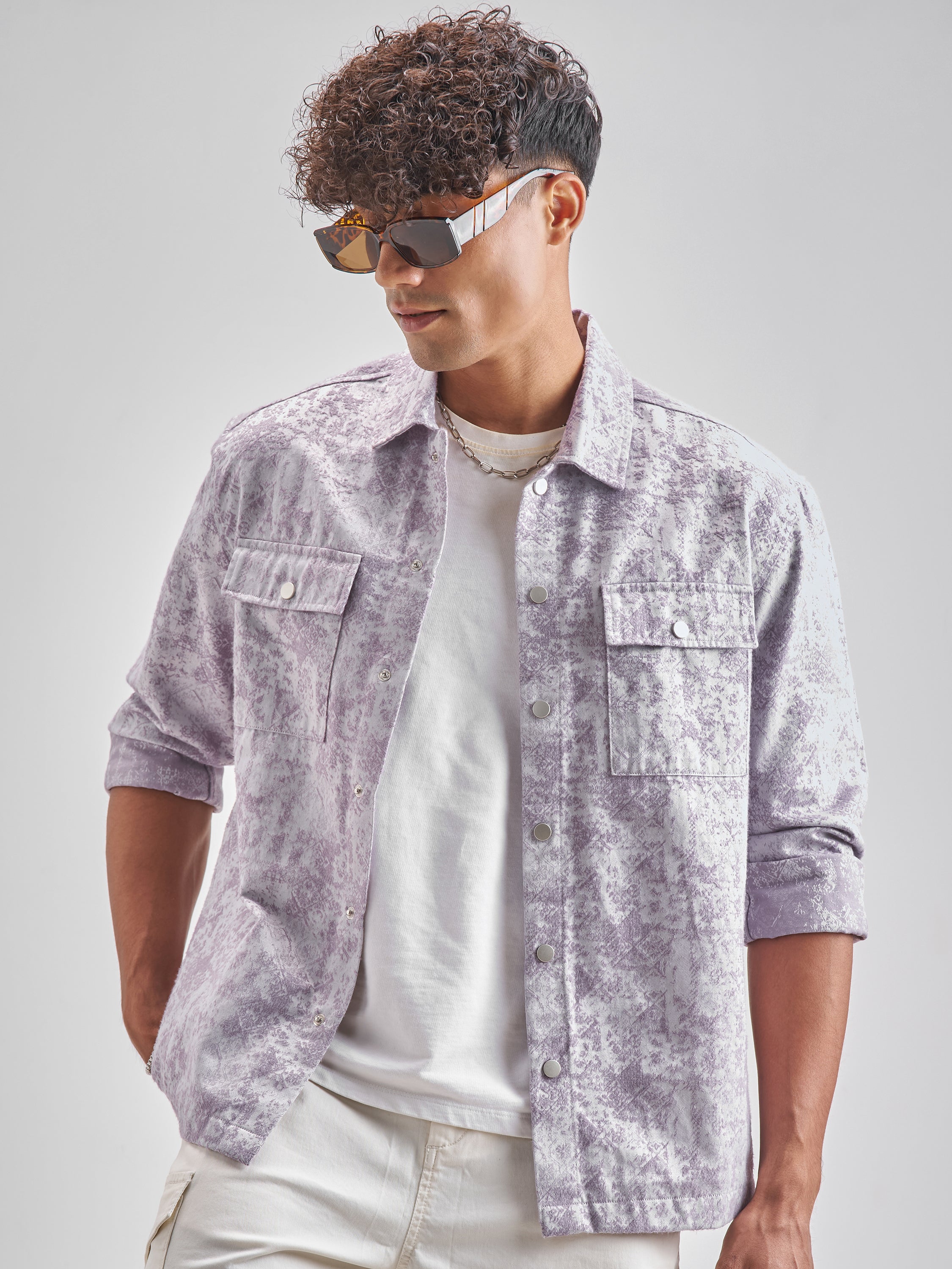 Highlander Men Lavender Self Design Relaxed Fit Casual Shirt - Lavender - Image 1