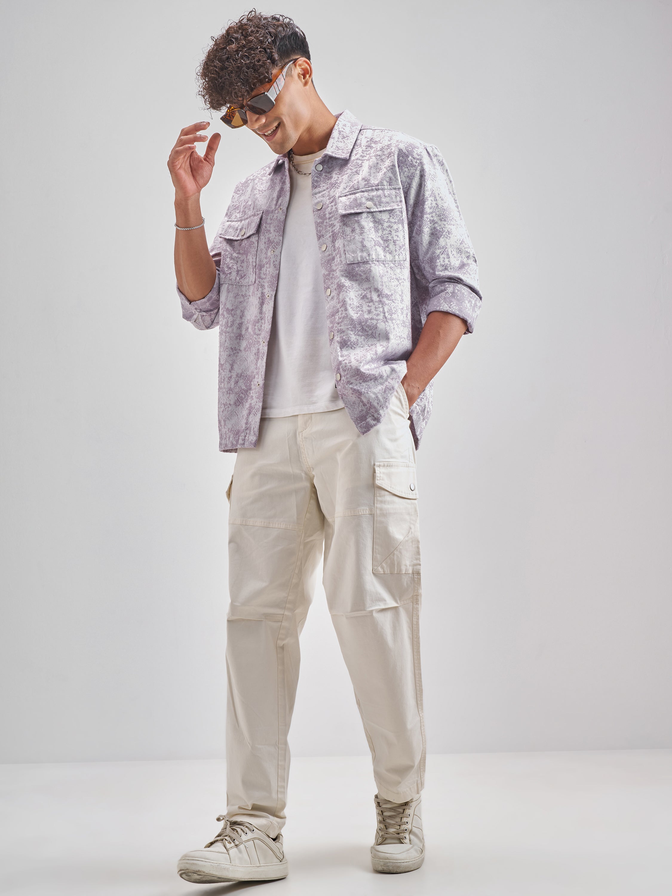 Highlander Men Lavender Self Design Relaxed Fit Casual Shirt - Lavender - Image 2
