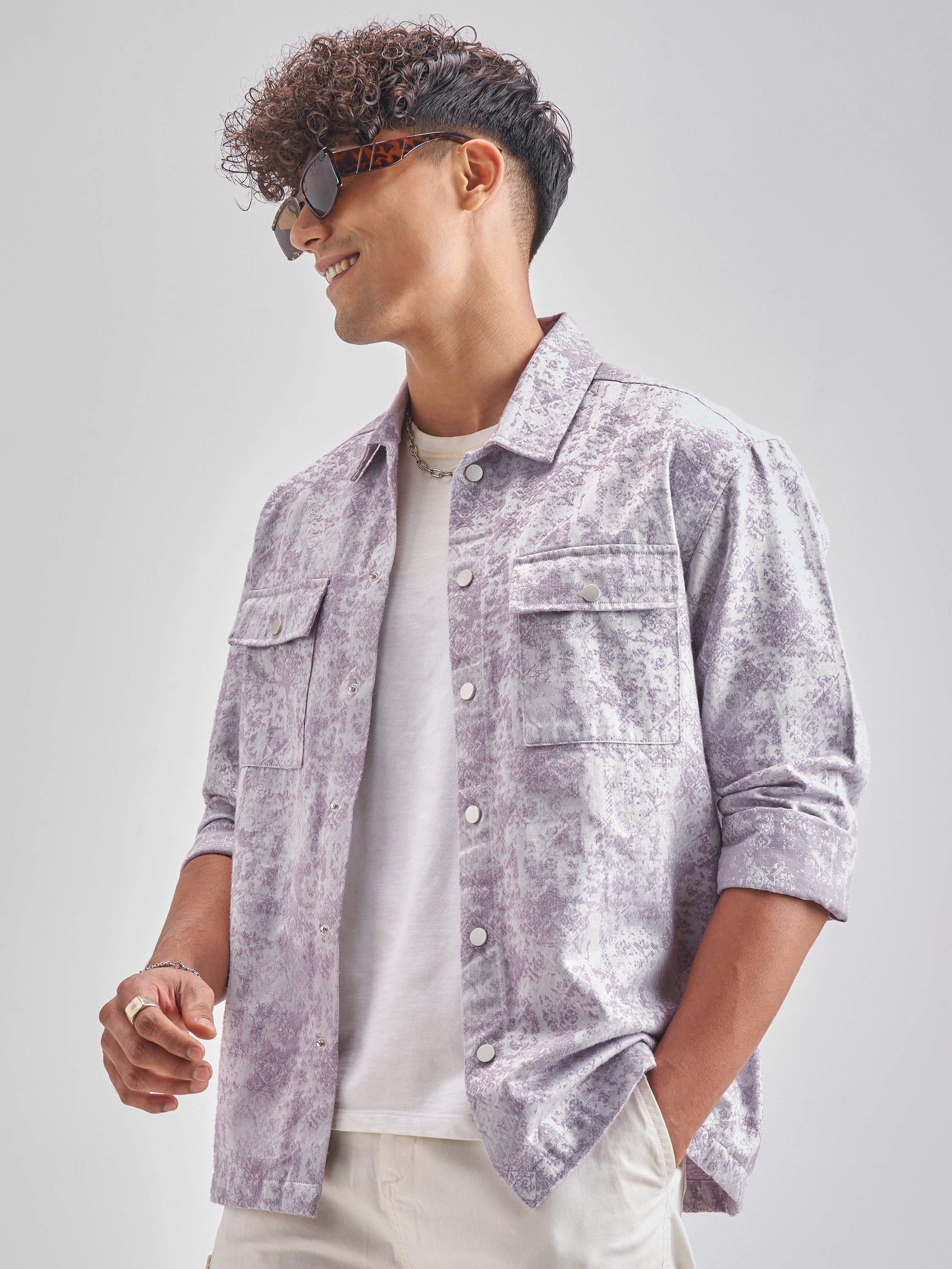 Highlander Men Lavender Self Design Relaxed Fit Casual Shirt - Lavender - Image 4