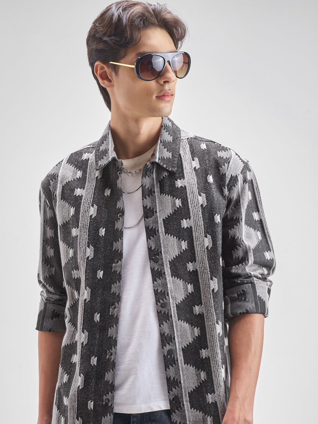 Highlander Men Charcol Self Design Oversized Fit Casual shirt - Charcol - Image 1