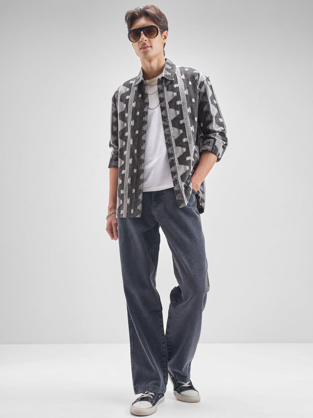 Highlander Men Charcol Self Design Oversized Fit Casual shirt - Charcol - Image 2