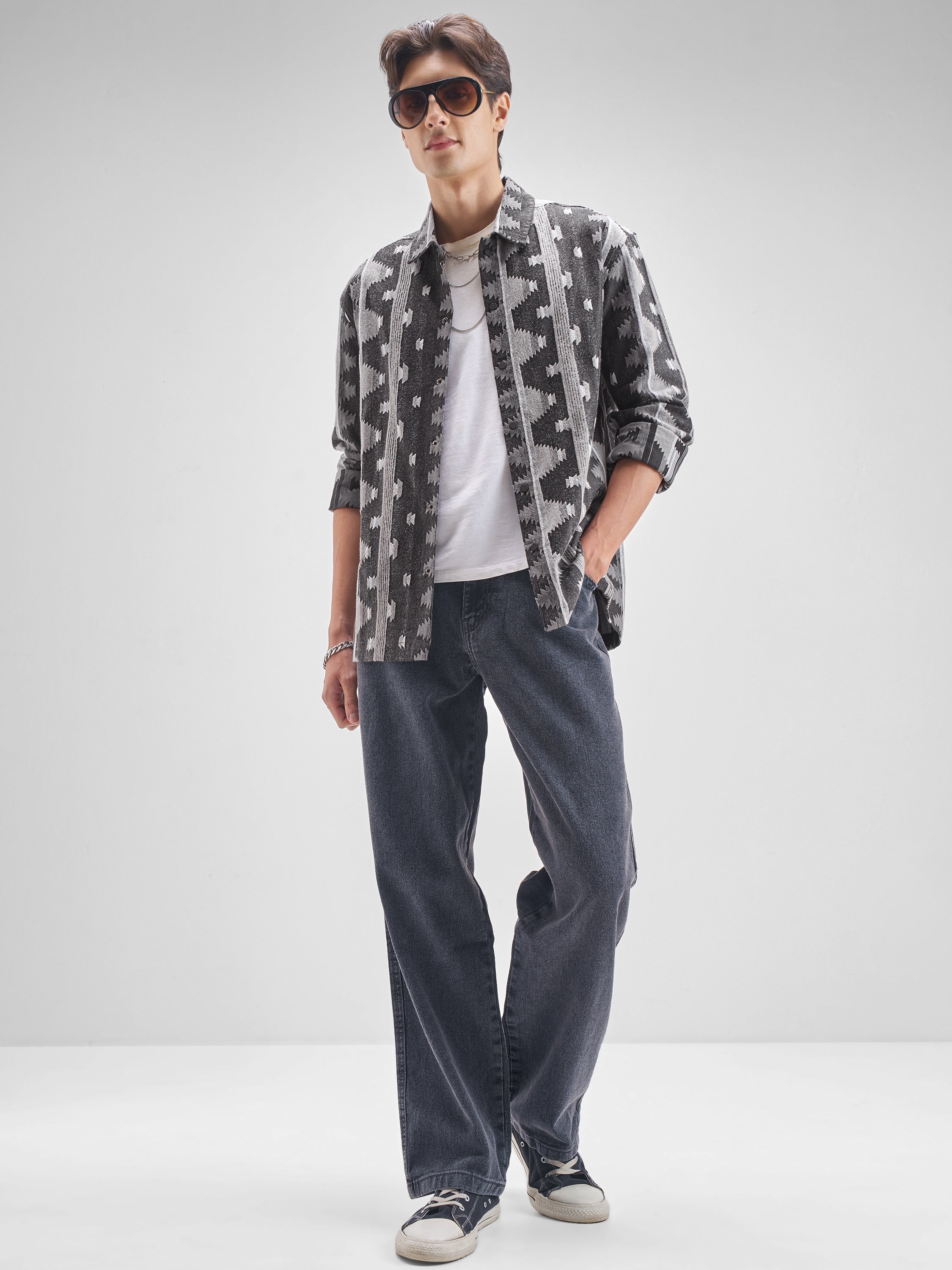 Highlander Men Charcol Self Design Oversized Fit Casual shirt - Charcol - Image 2
