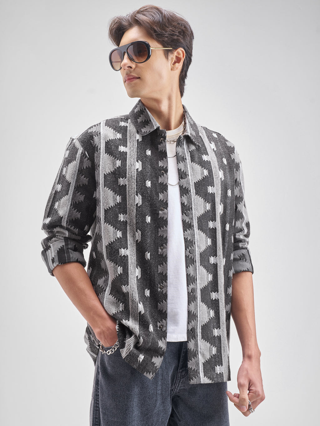 Highlander Men Charcol Self Design Oversized Fit Casual shirt - Charcol - Image 6