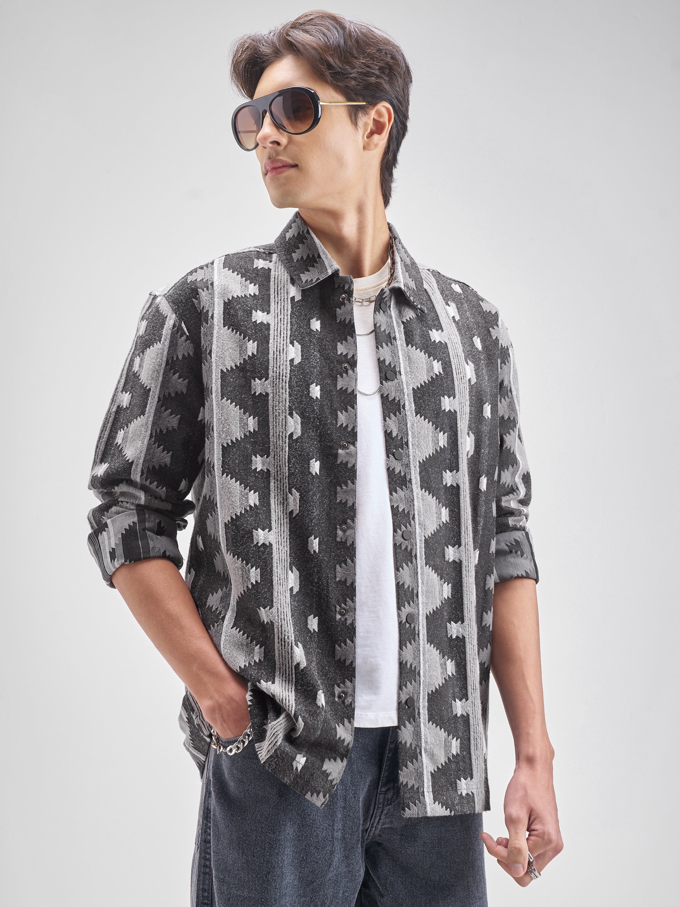 Highlander Men Charcol Self Design Oversized Fit Casual shirt - Charcol - Image 6