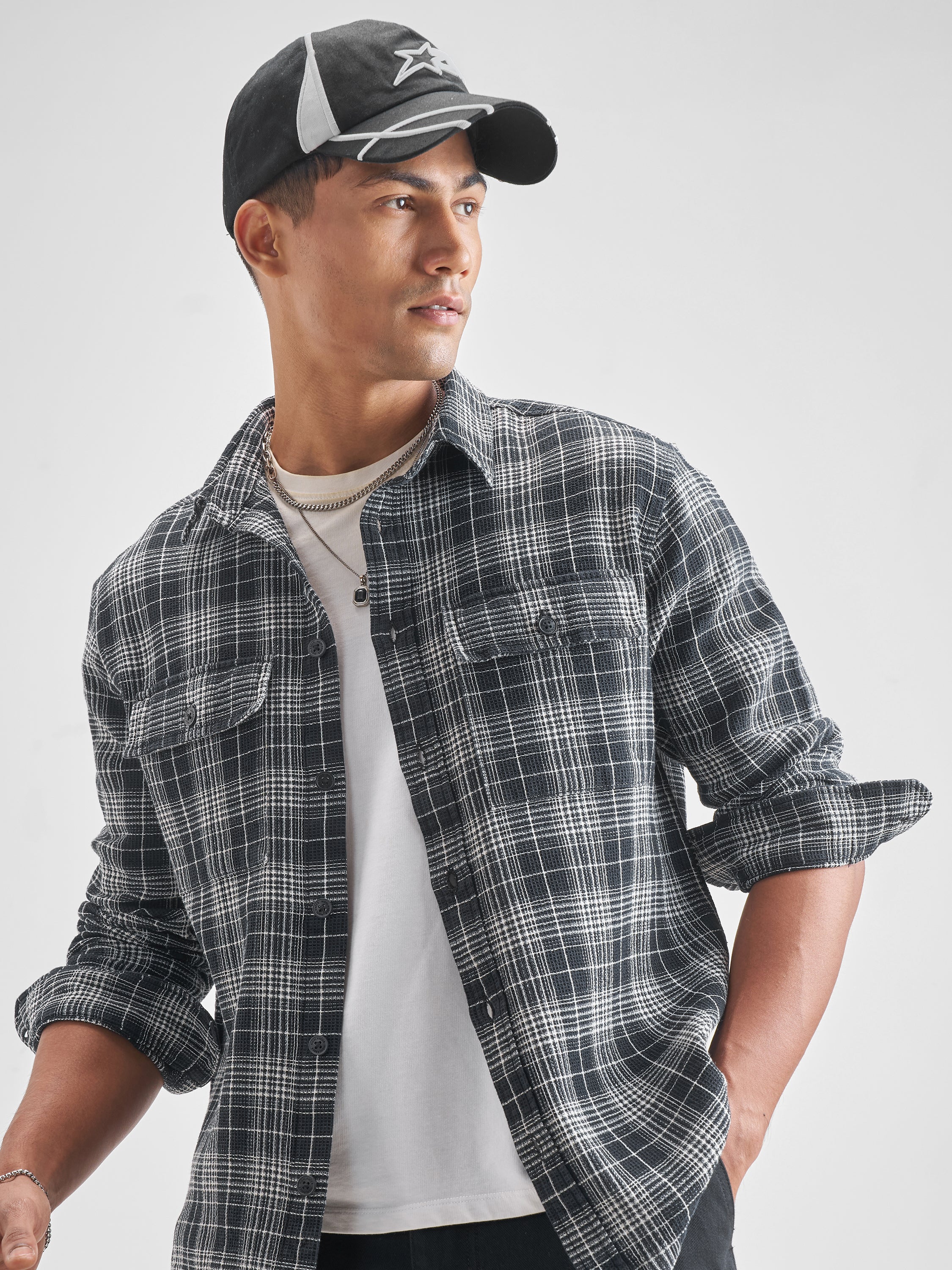 Highlander Men Checked Oversized Fit Casual Shirt - Black - Image 1