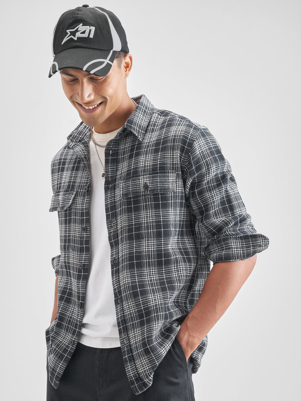Highlander Men Checked Oversized Fit Casual Shirt - Black - Image 4
