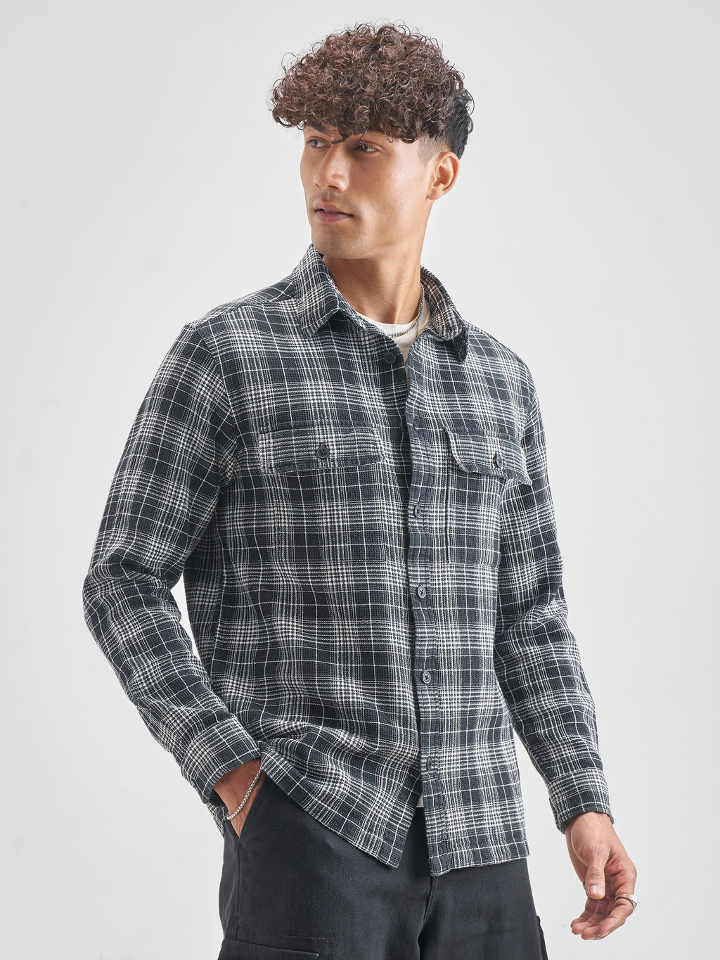 Highlander Men Checked Oversized Fit Casual Shirt - Black - Image 6