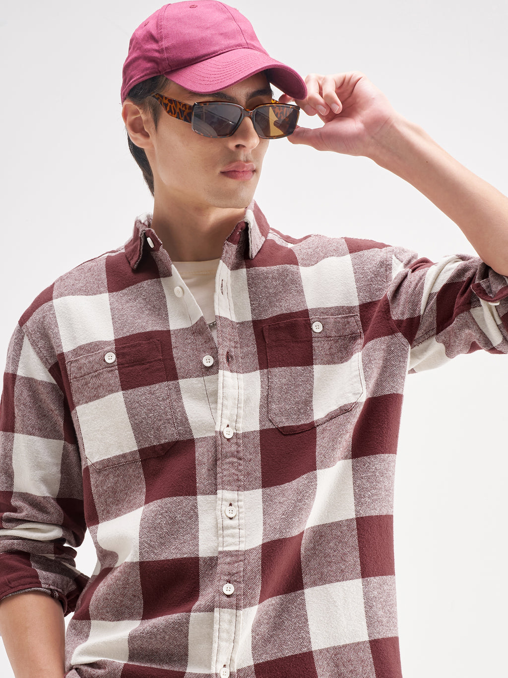 Highlander Men Burgundy Checked Oversized Fit Casual Shirt - Burgundy - Image 1