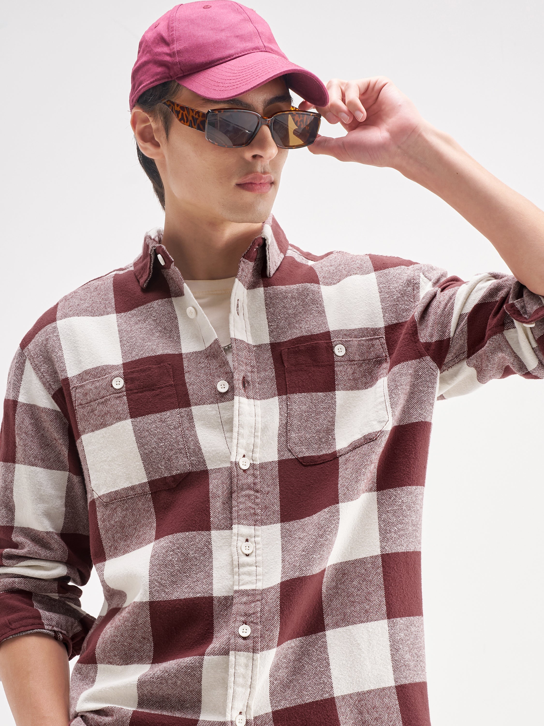 Highlander Men Burgundy Checked Oversized Fit Casual Shirt - Burgundy - Image 1