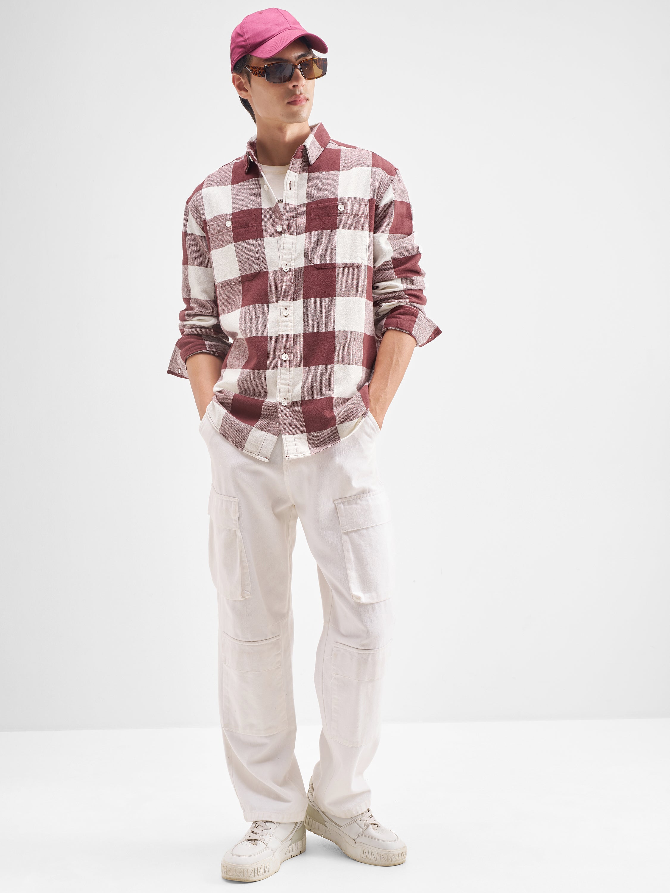 Highlander Men Burgundy Checked Oversized Fit Casual Shirt - Burgundy - Image 2