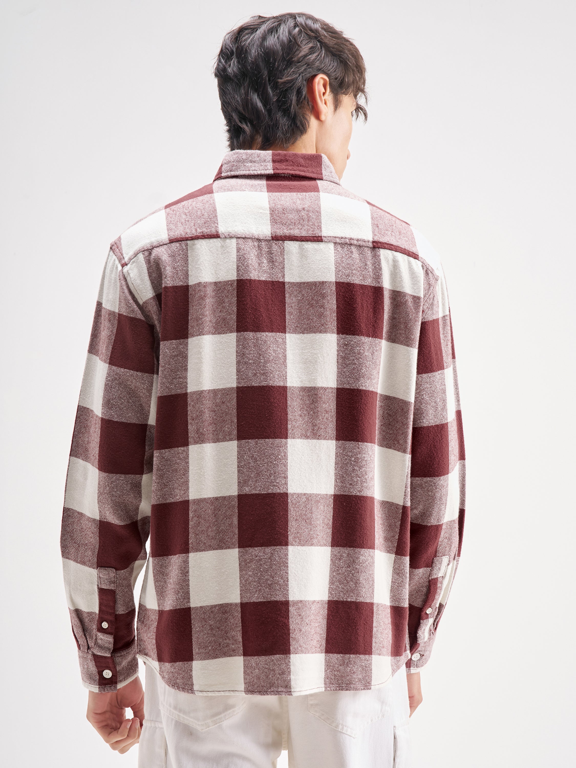 Highlander Men Burgundy Checked Oversized Fit Casual Shirt - Burgundy - Image 3
