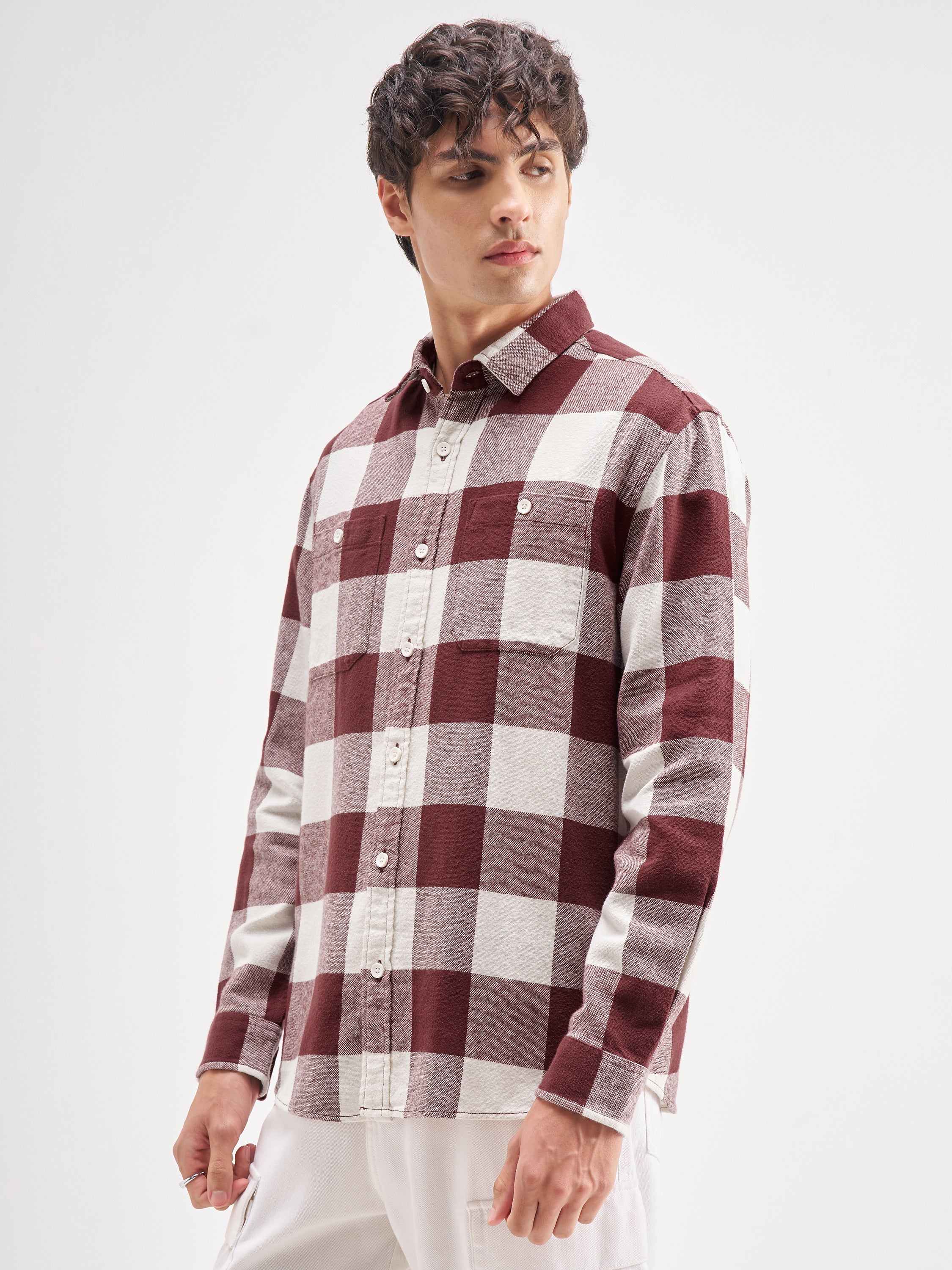Highlander Men Burgundy Checked Oversized Fit Casual Shirt - Burgundy - Image 4