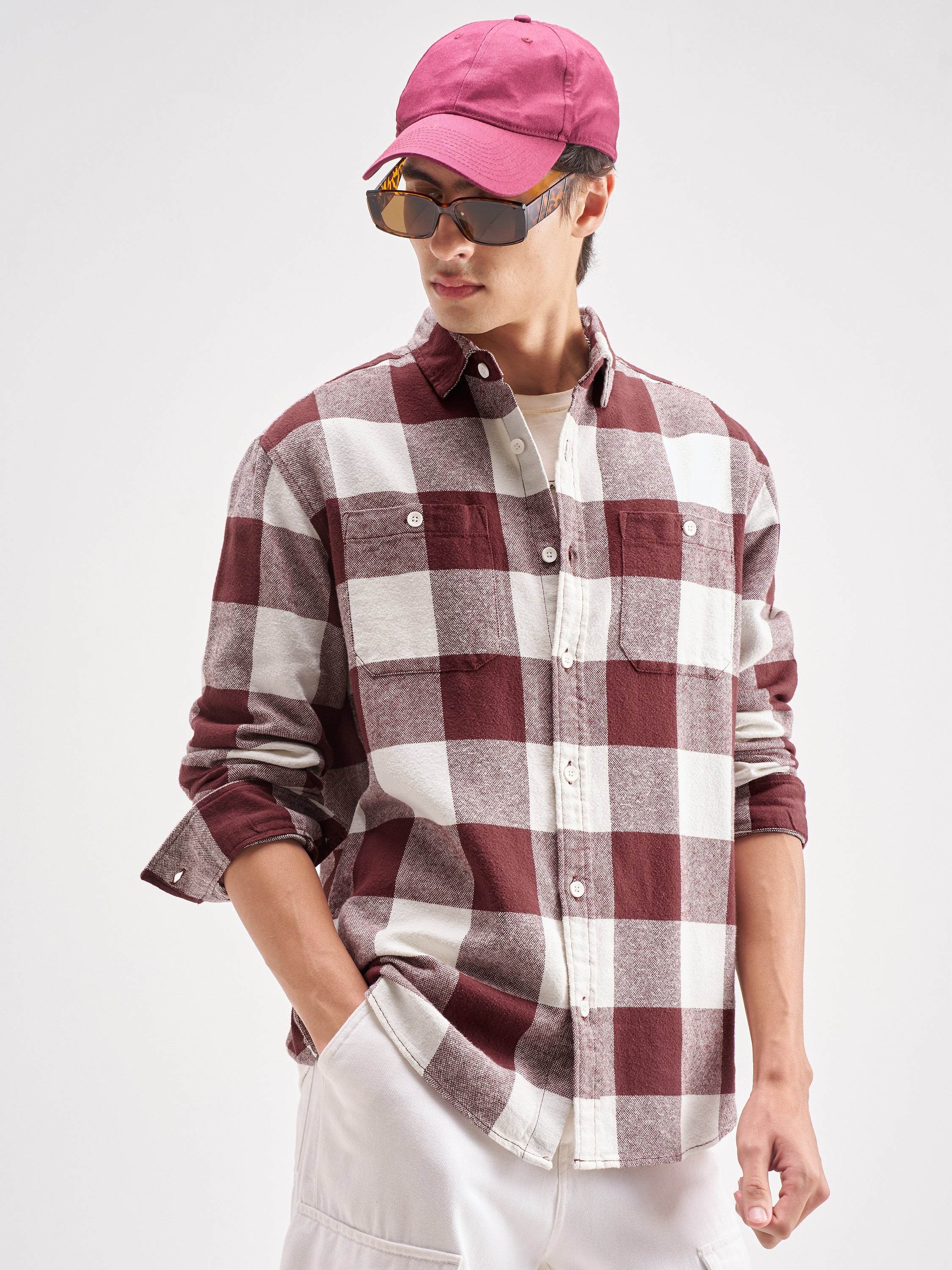 Highlander Men Burgundy Checked Oversized Fit Casual Shirt - Burgundy - Image 6