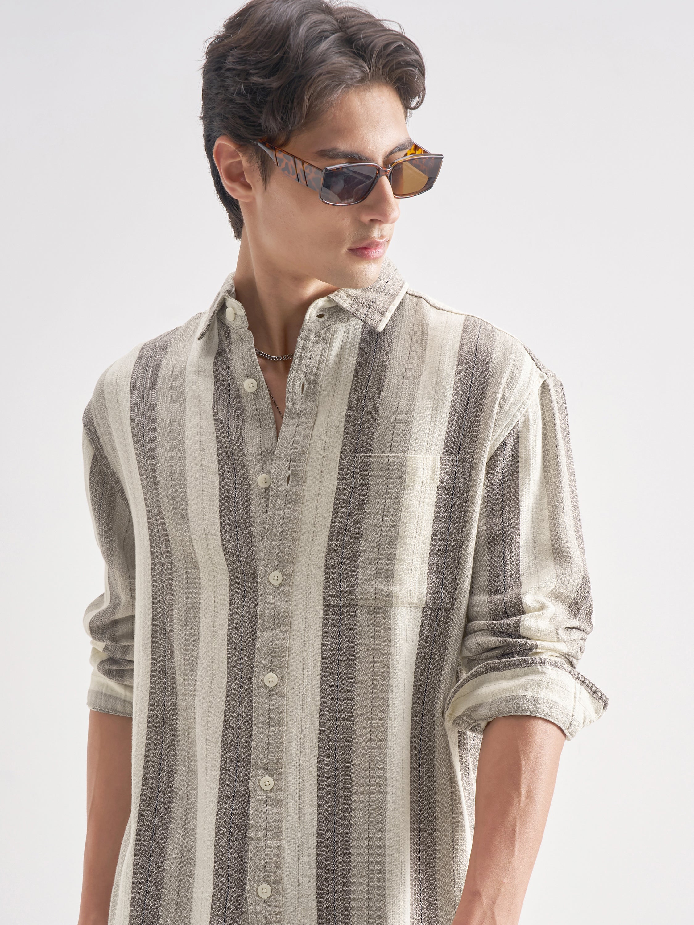 Highlander Men Grey Striped Relaxed Fit Casual Shirt - Grey - Image 1