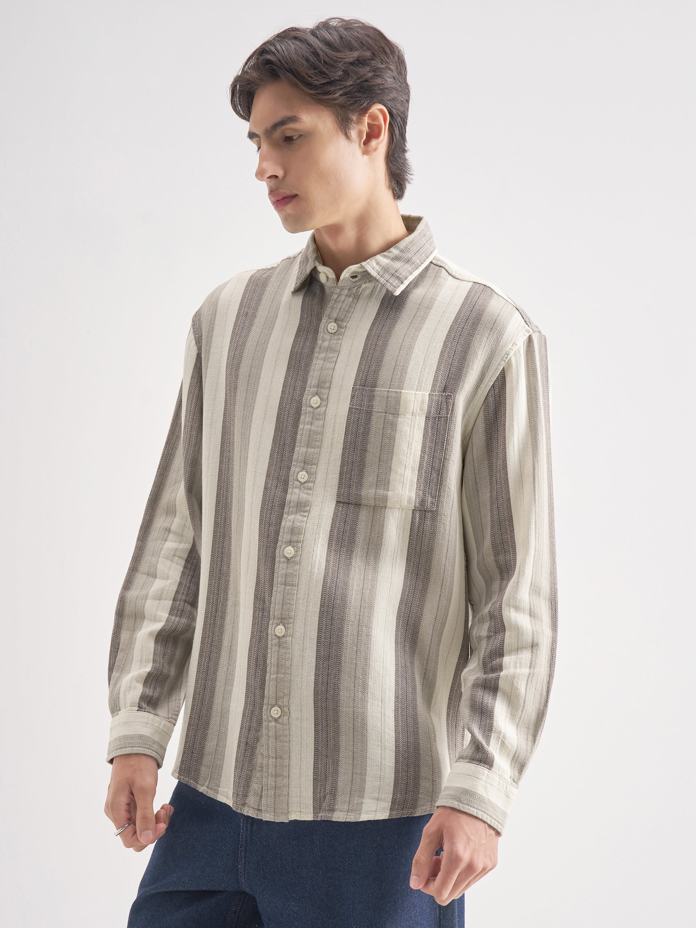 Highlander Men Grey Striped Relaxed Fit Casual Shirt - Grey - Image 4