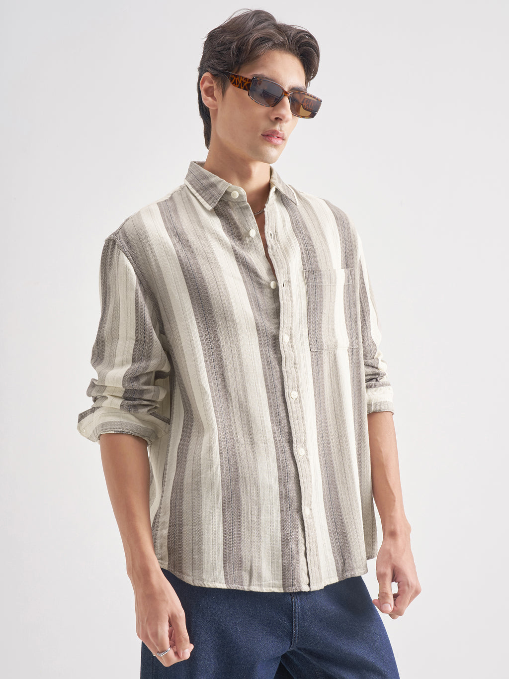Highlander Men Grey Striped Relaxed Fit Casual Shirt - Grey - Image 6