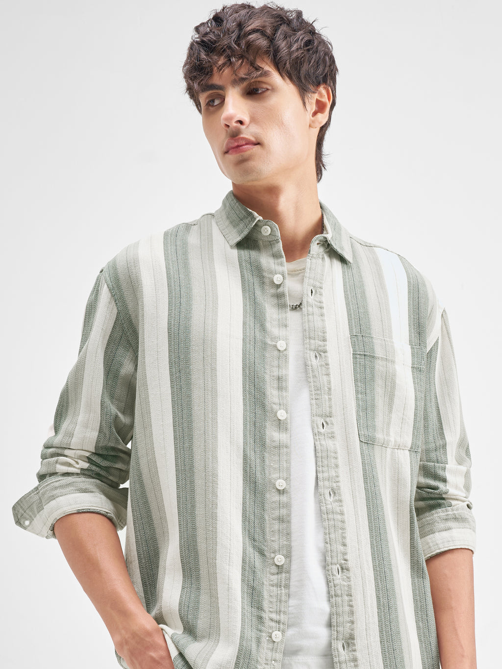 Highlander Men Green Striped Relaxed Fit Casual Shirt - Green - Image 1