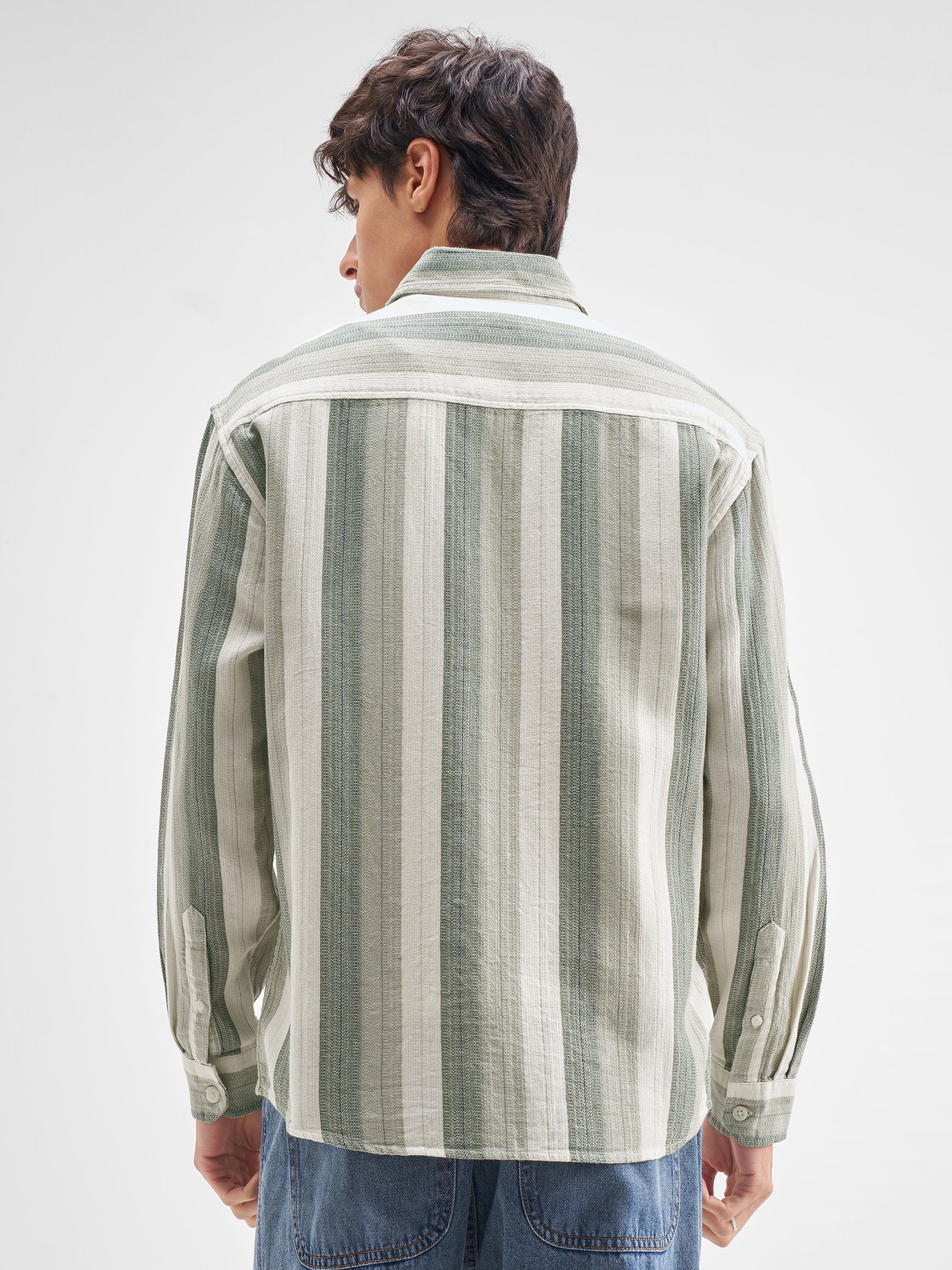 Highlander Men Green Striped Relaxed Fit Casual Shirt - Green - Image 3