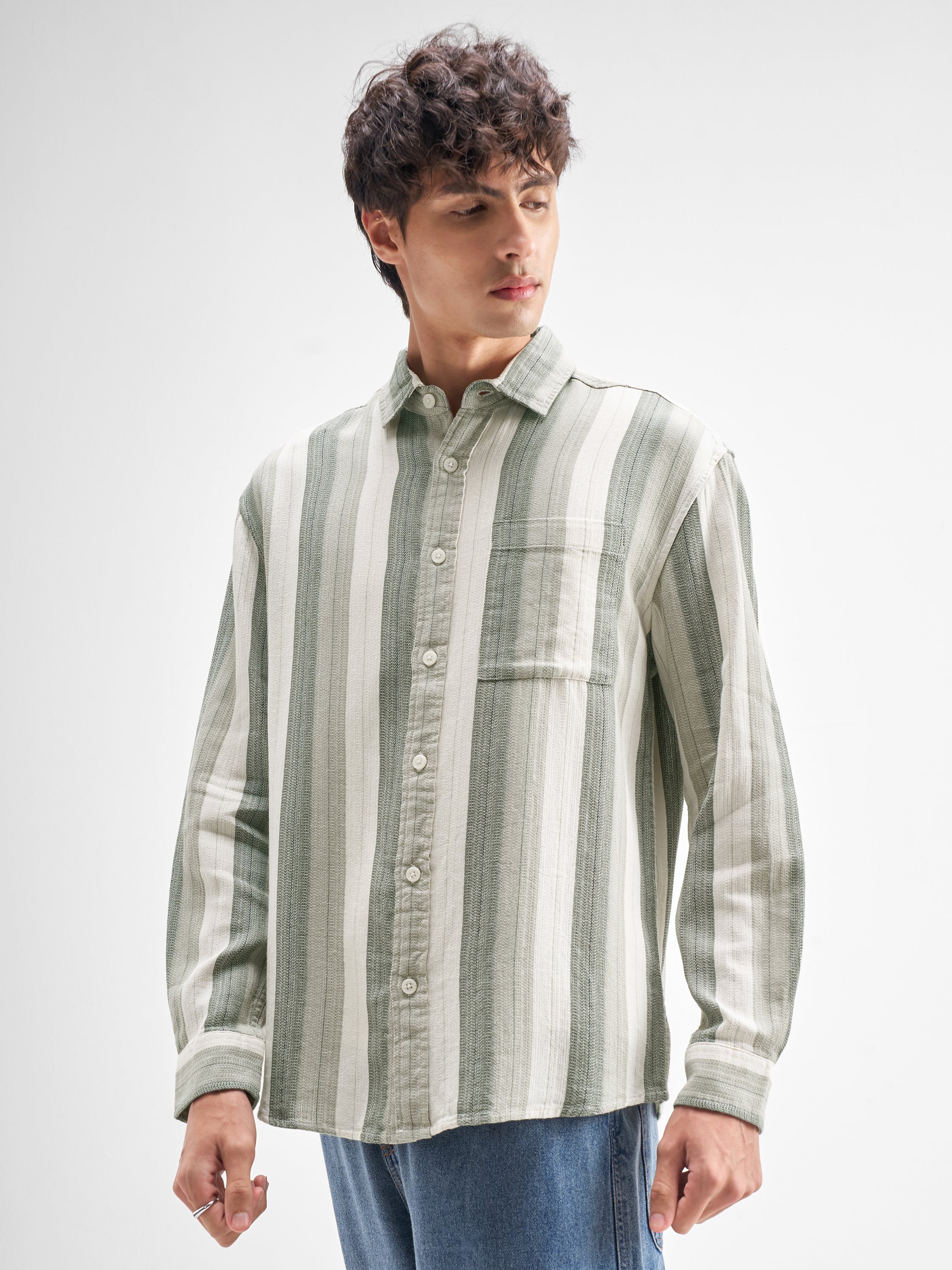 Highlander Men Green Striped Relaxed Fit Casual Shirt - Green - Image 4