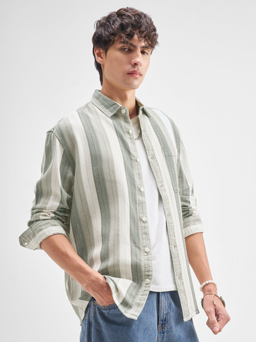 Highlander Men Green Striped Relaxed Fit Casual Shirt - Green - Image 6