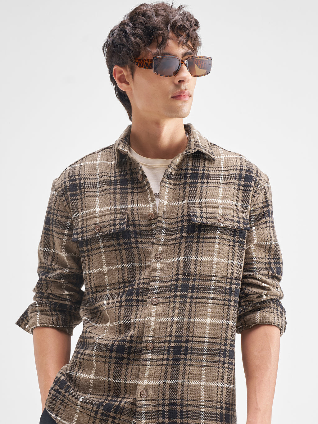 Highlander Men Tan Checked Relaxed Fit Casual Shirt - Tan - Image 1