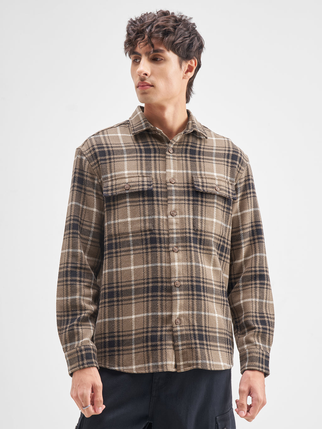 Highlander Men Tan Checked Relaxed Fit Casual Shirt - Tan - Image 4