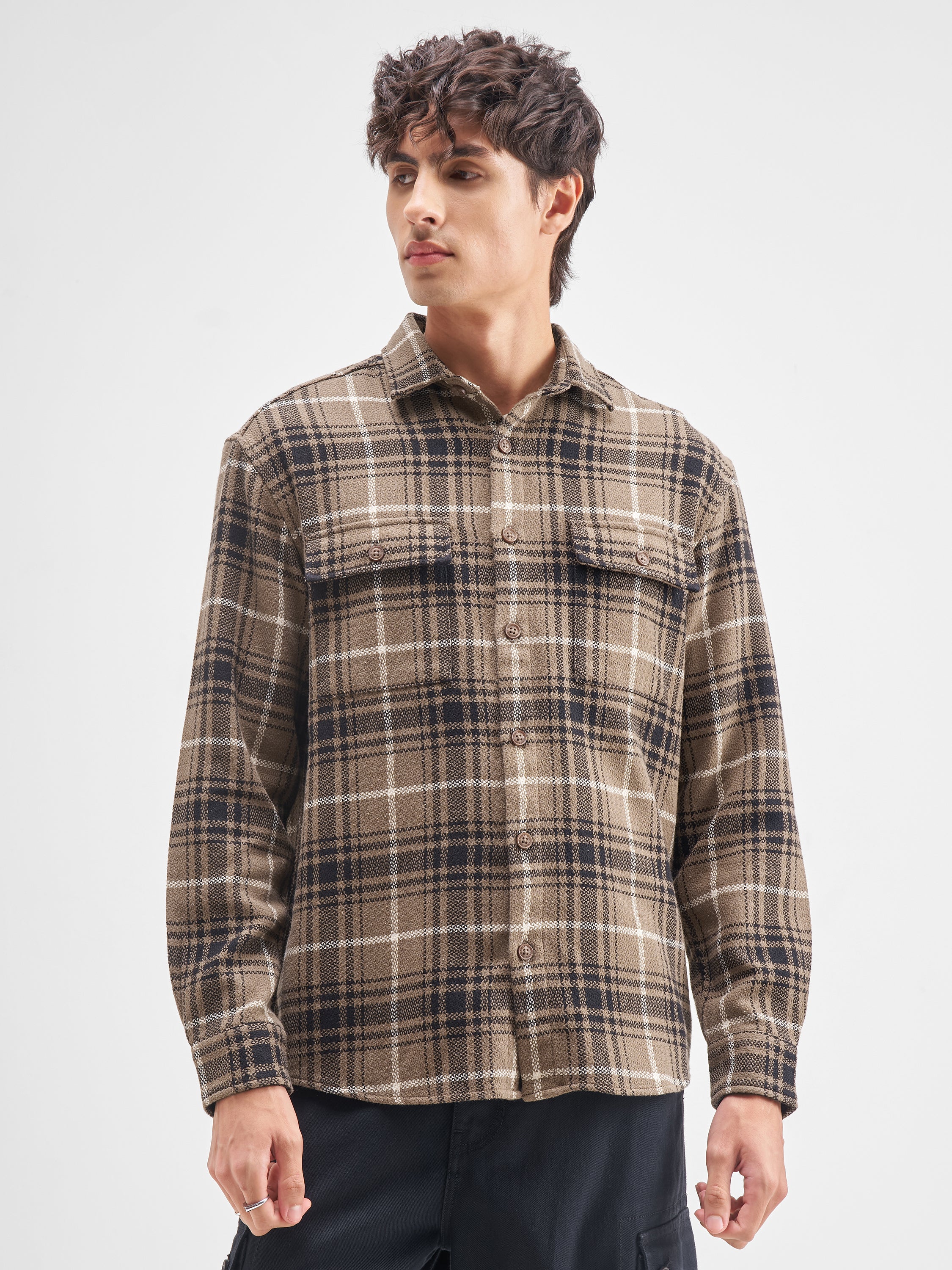 Highlander Men Tan Checked Relaxed Fit Casual Shirt - Tan - Image 4