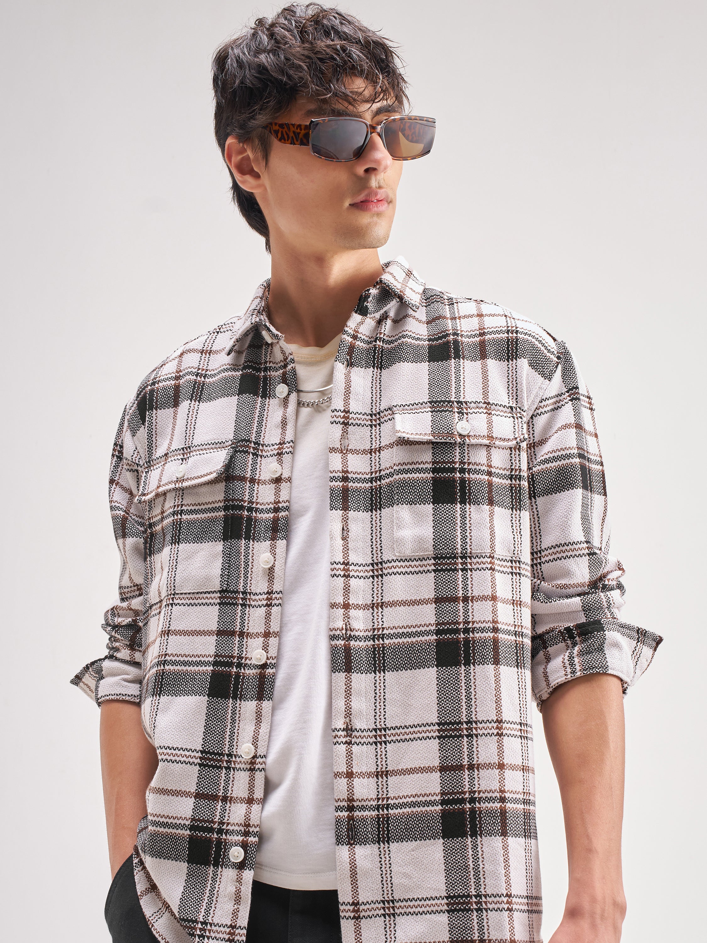 Highlander Men Off White Checked Relaxed Fit Casual Shirt - Off White - Image 1