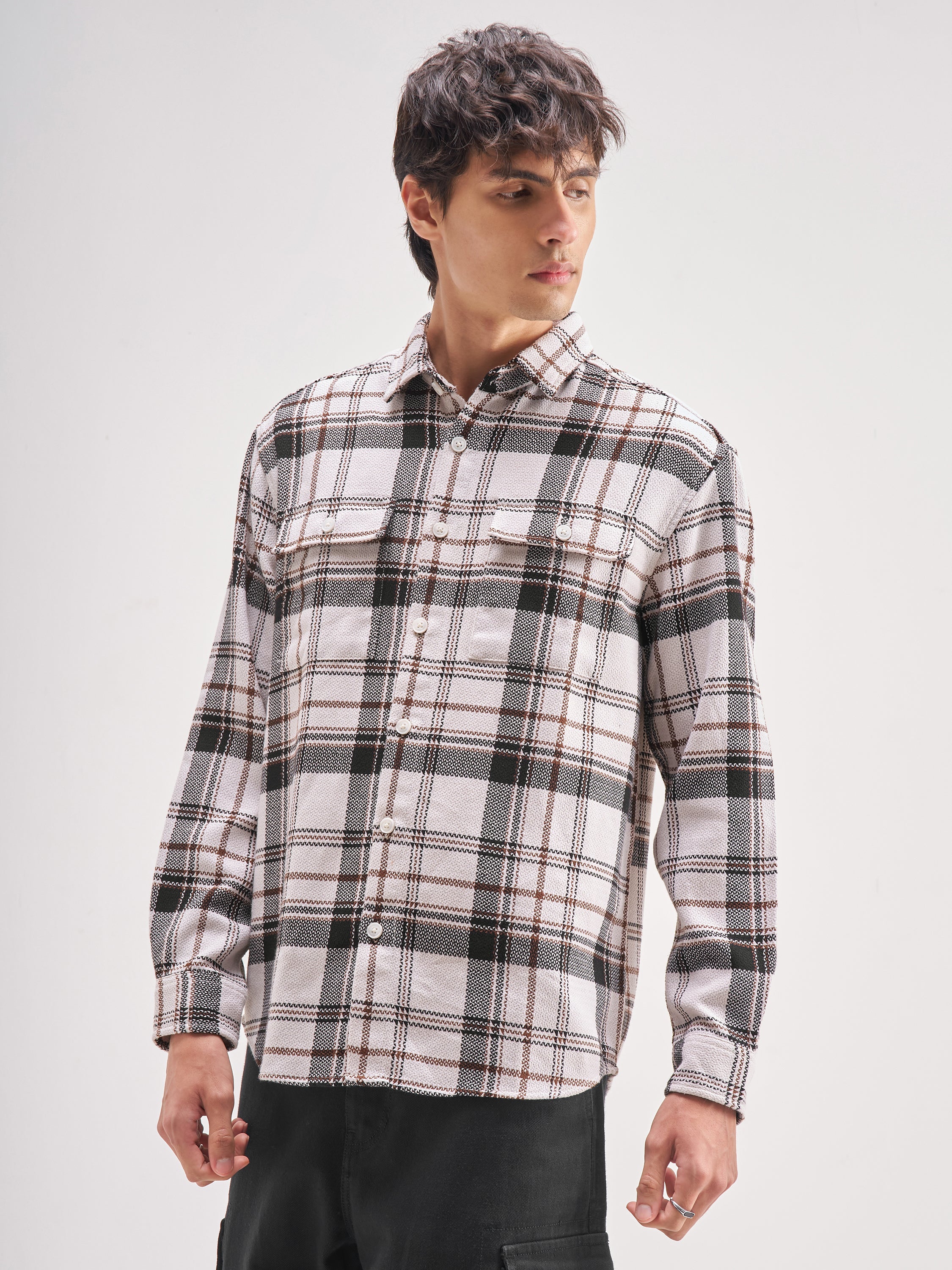 Highlander Men Off White Checked Relaxed Fit Casual Shirt - Off White - Image 4