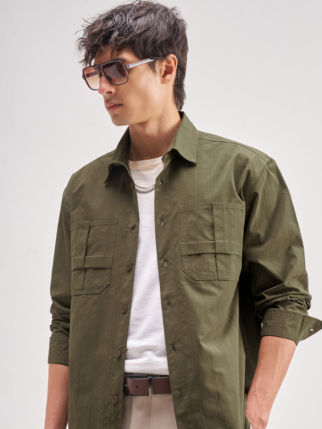 Highlander Men Olive Self Design Relaxed Fit Casual Shirt - Olive - Image 1