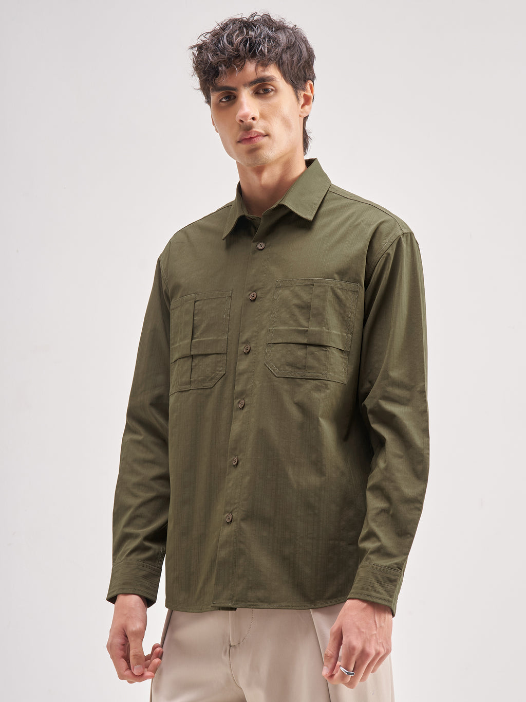 Highlander Men Olive Self Design Relaxed Fit Casual Shirt - Olive - Image 4